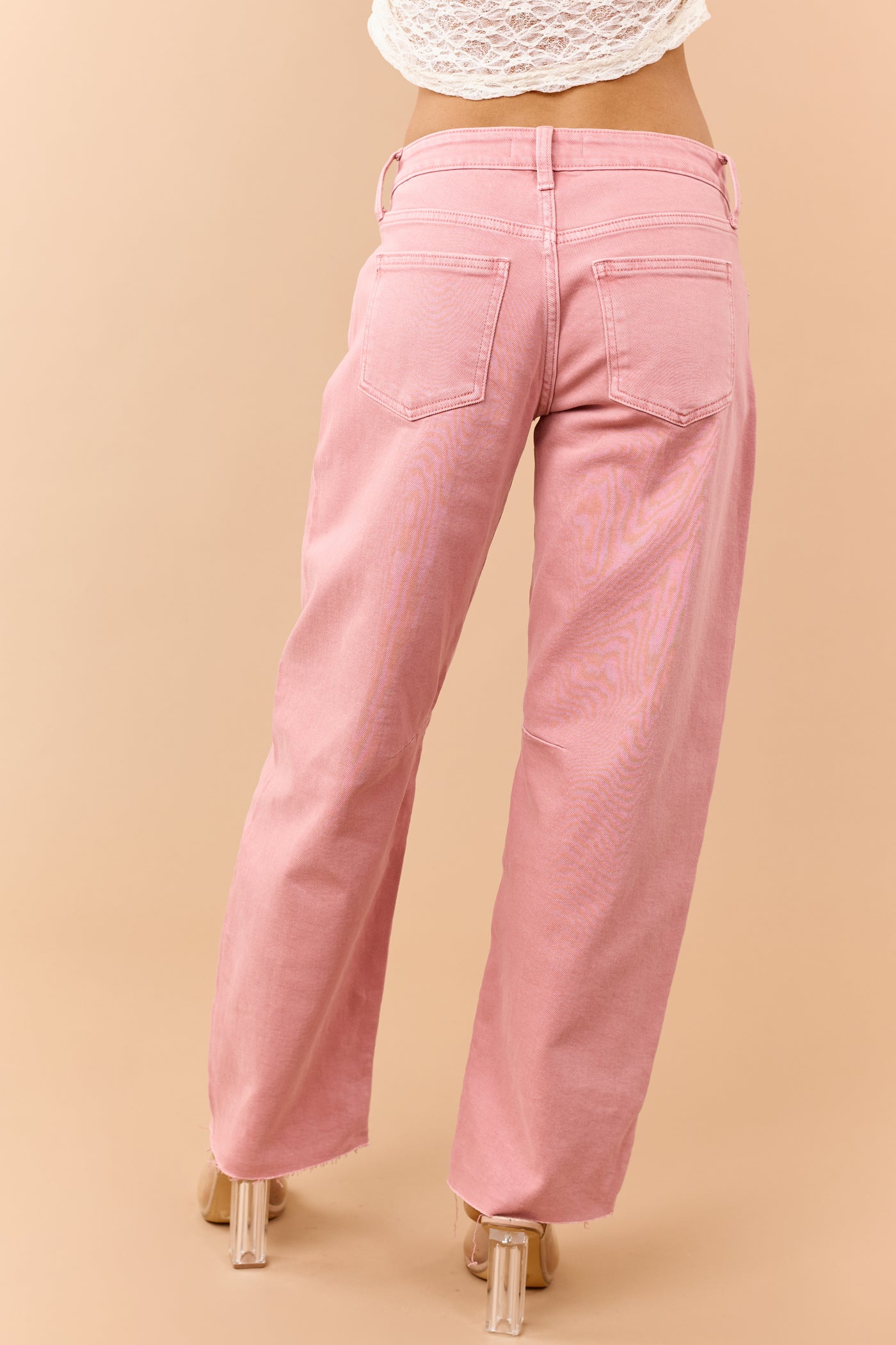 Washed Coral Mid Rise Raw Hem Barrel Jeans