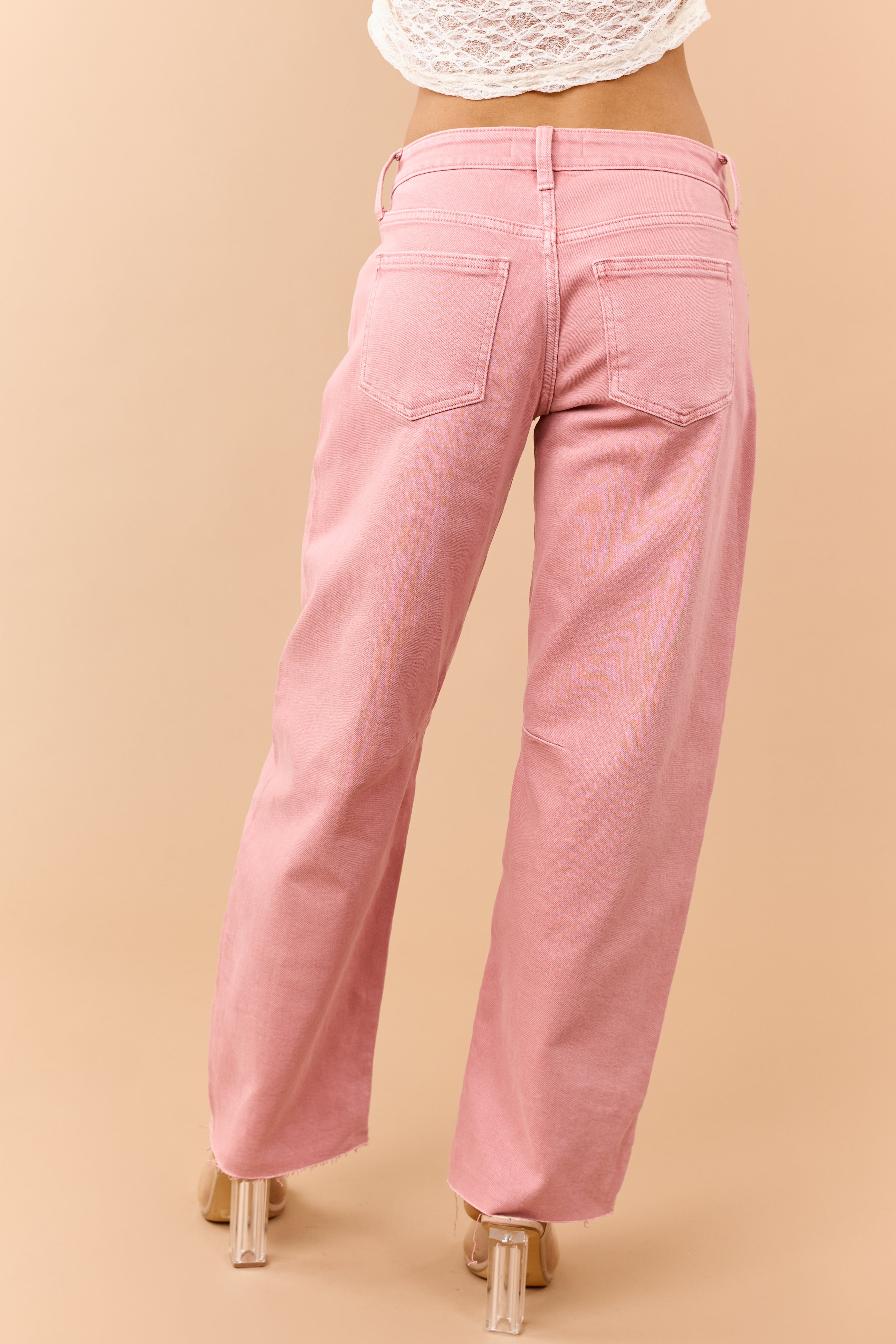Washed Coral Mid Rise Raw Hem Barrel Jeans