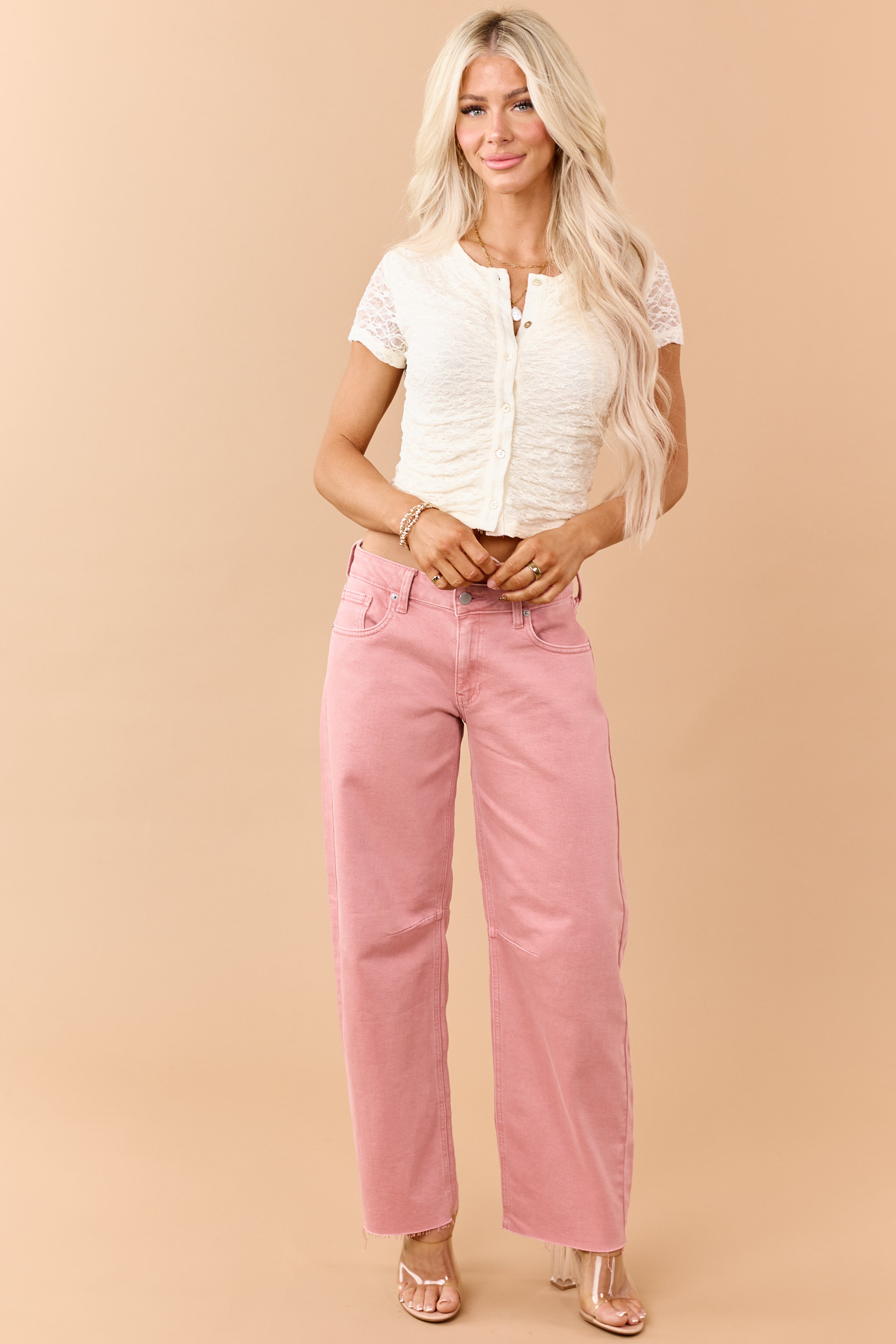 Washed Coral Mid Rise Raw Hem Barrel Jeans