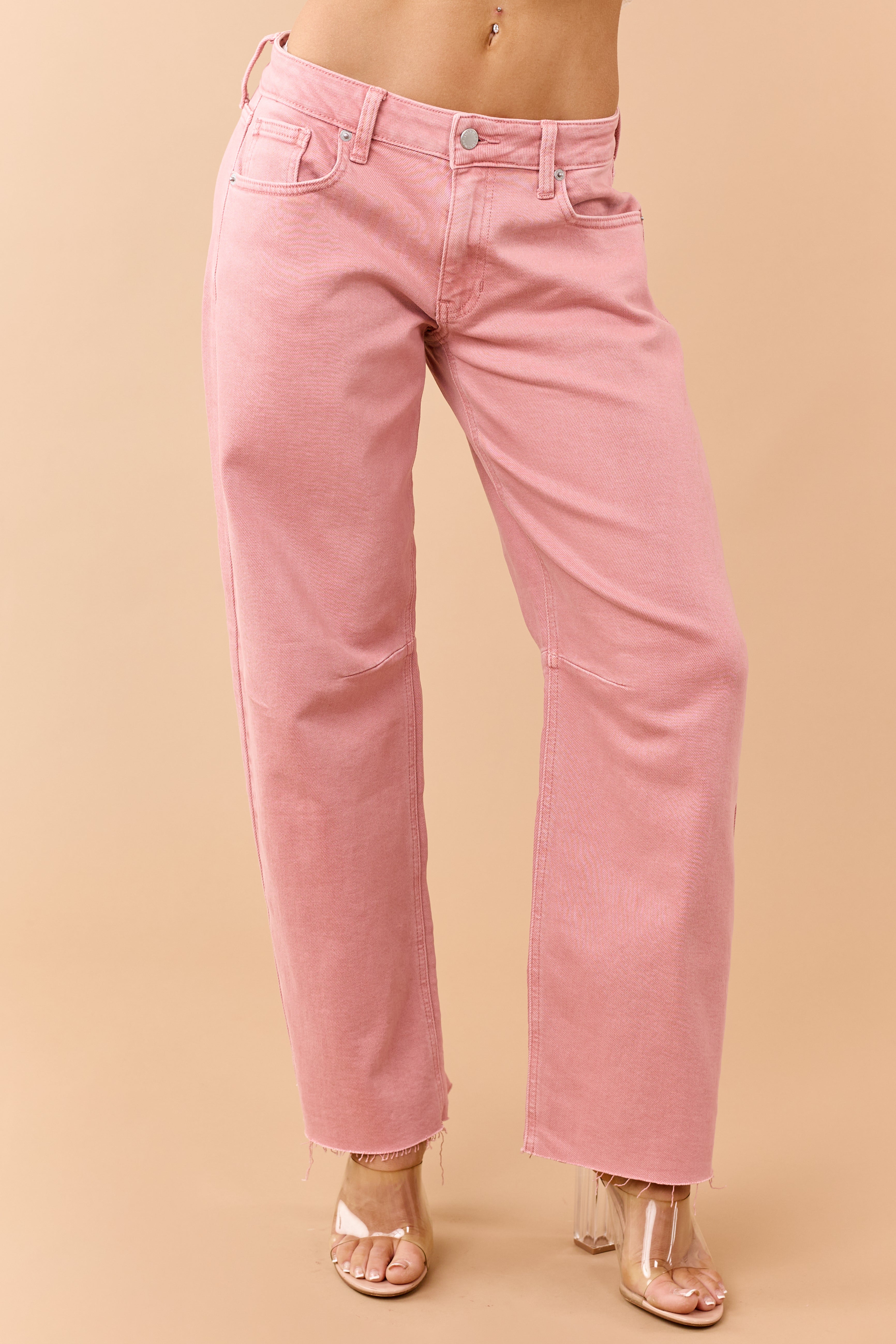 Washed Coral Mid Rise Raw Hem Barrel Jeans