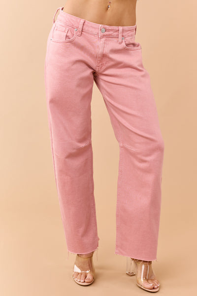 Washed Coral Mid Rise Raw Hem Barrel Jeans
