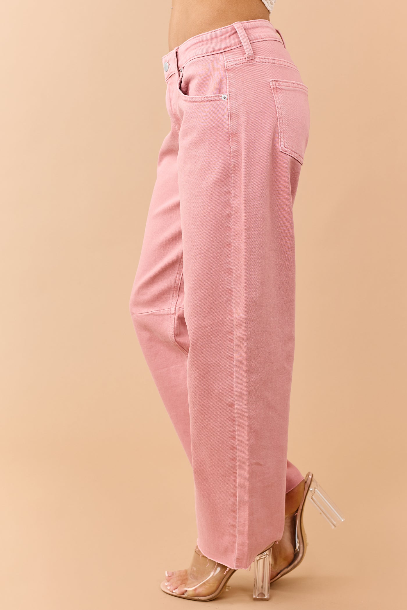 Washed Coral Mid Rise Raw Hem Barrel Jeans