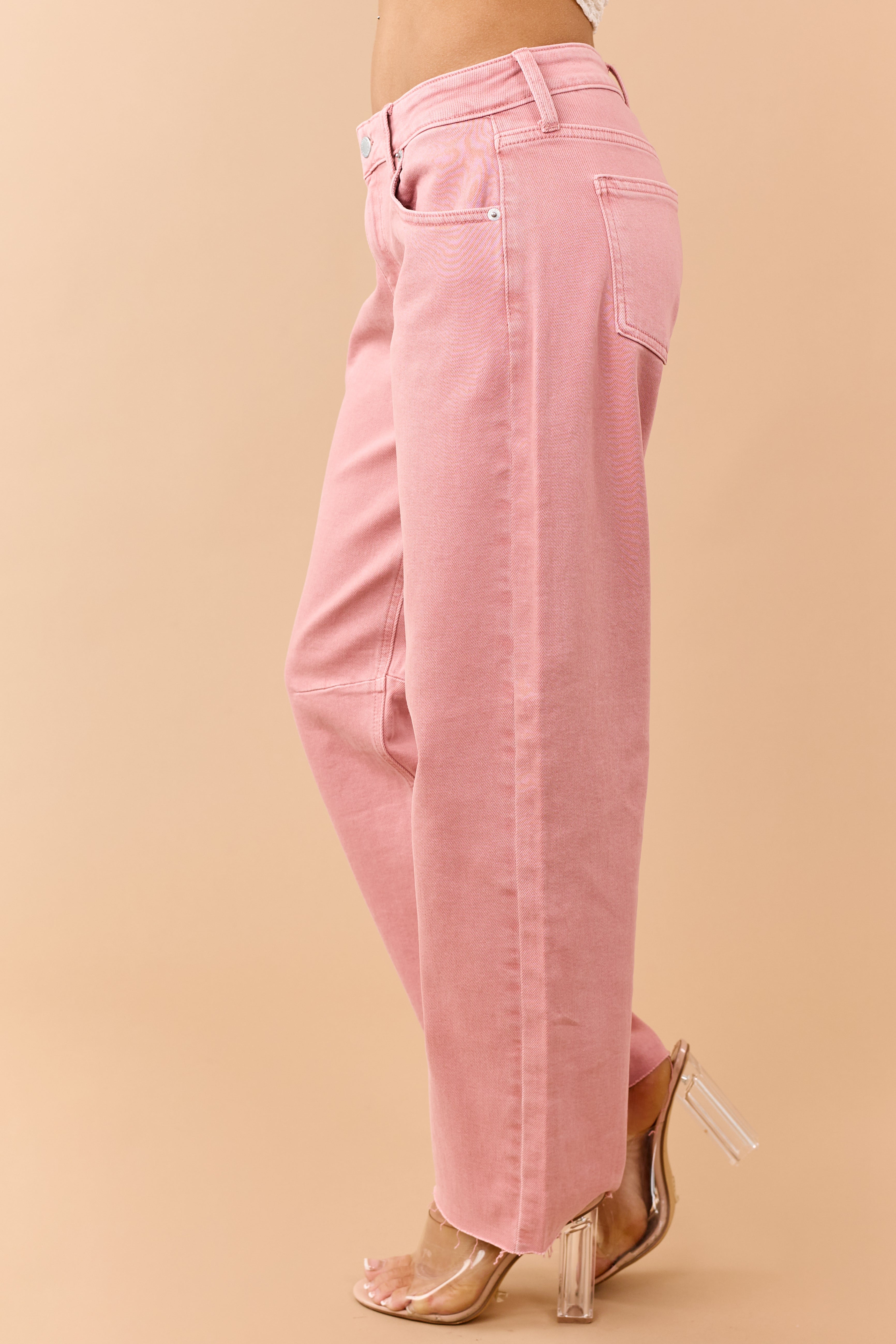 Washed Coral Mid Rise Raw Hem Barrel Jeans
