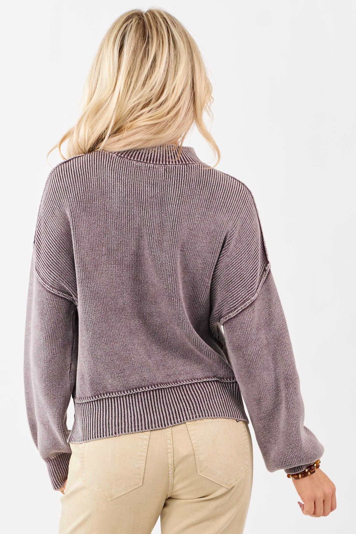 Washed Eggplant Cotton Mock Neck Rib Knit Sweater