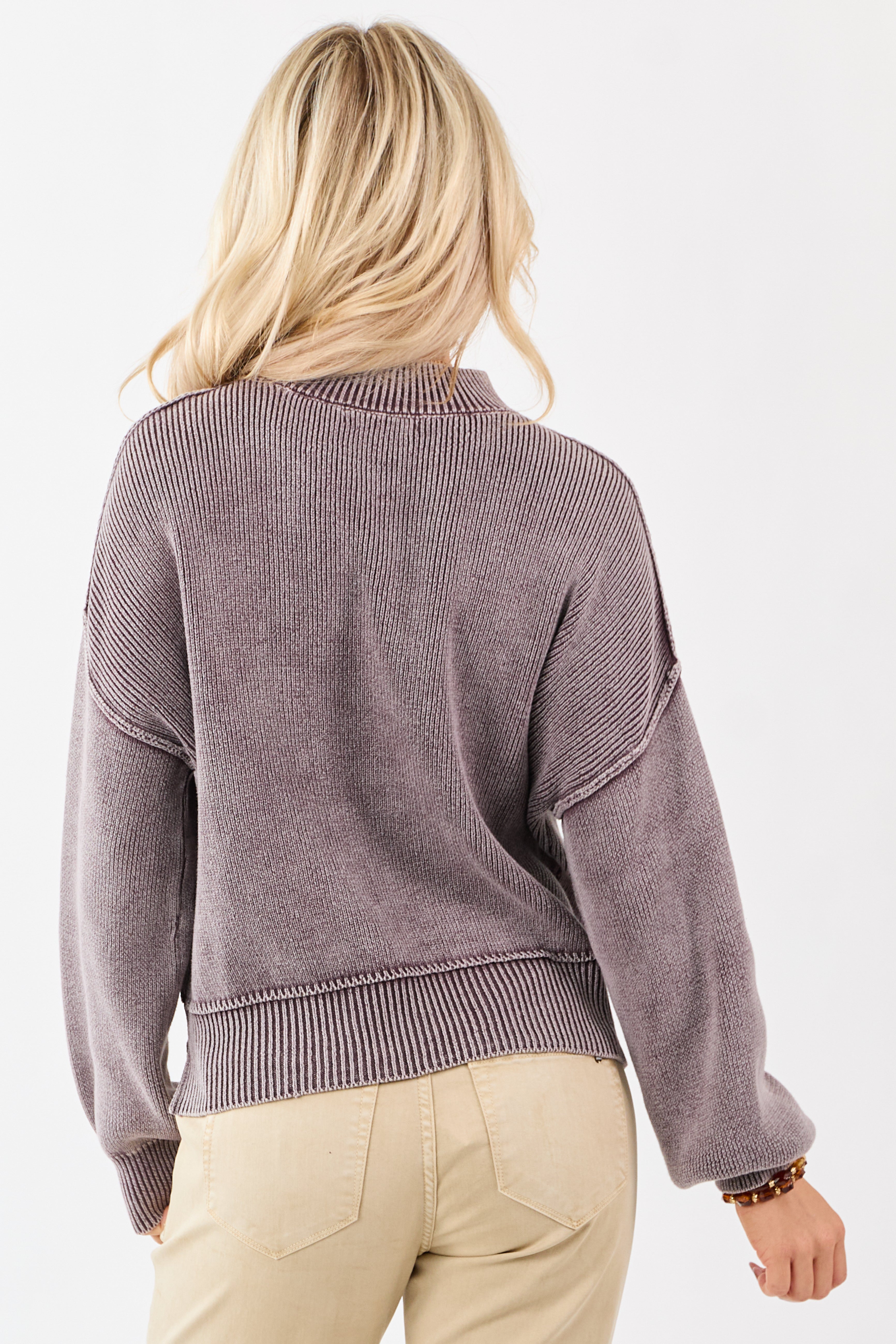 Washed Eggplant Cotton Mock Neck Rib Knit Sweater
