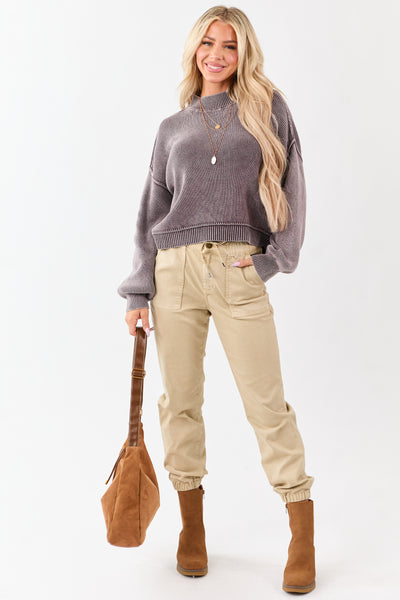 Washed Eggplant Cotton Mock Neck Rib Knit Sweater
