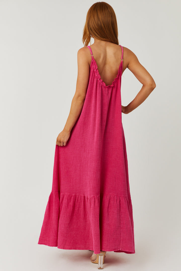 Washed Hot Pink Sleeveless Gauze Maxi Dress