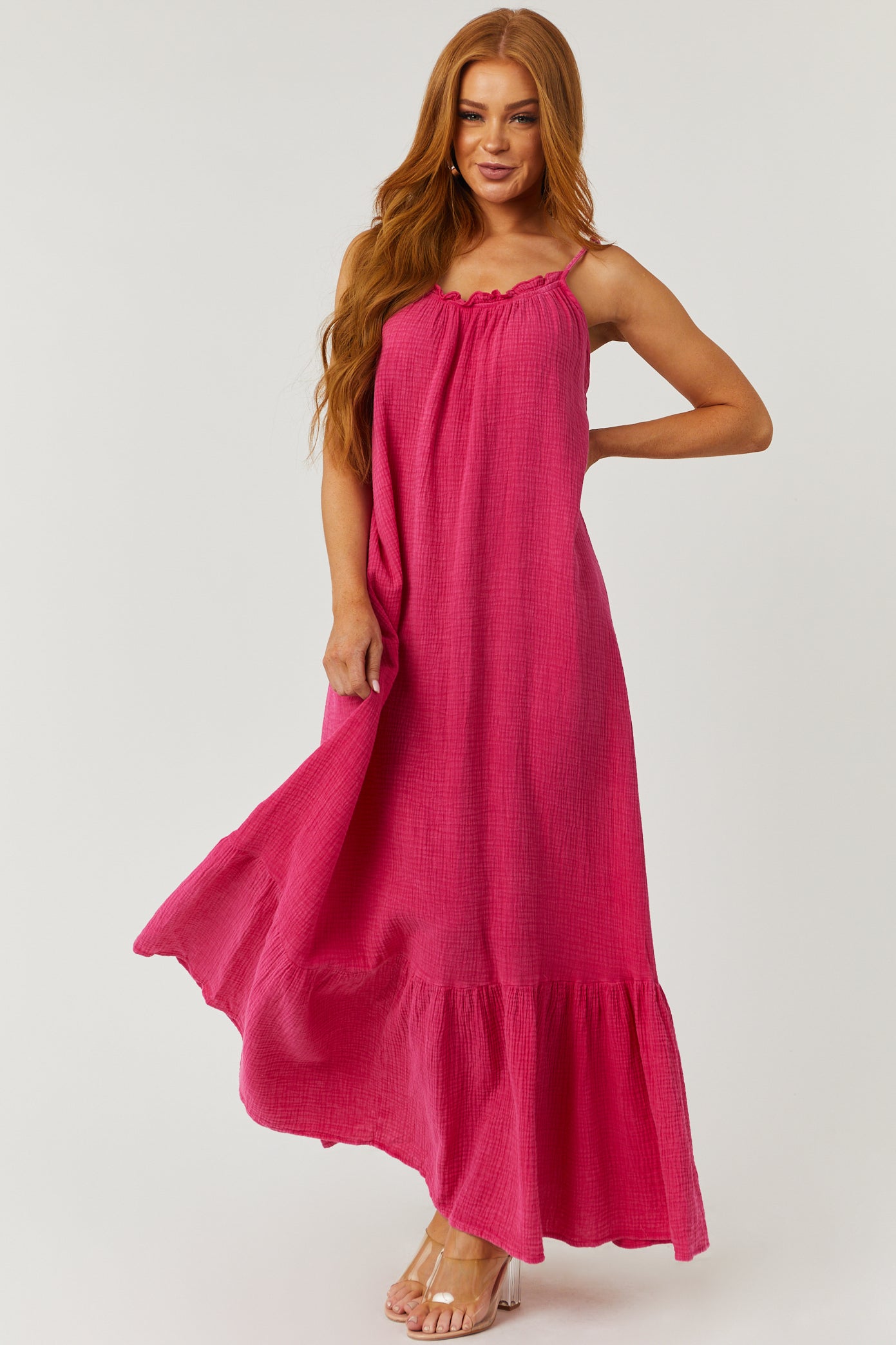 Washed Hot Pink Sleeveless Gauze Maxi Dress | Lime Lush