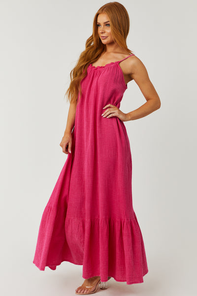 Washed Hot Pink Sleeveless Gauze Maxi Dress