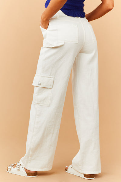 Washed Ivory Wide Leg Denim Cargo Pants