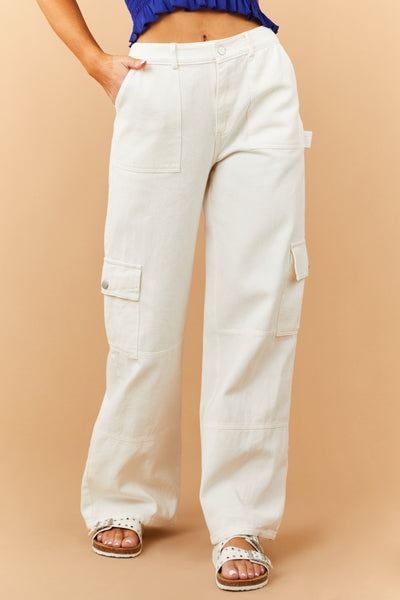 Washed Ivory Wide Leg Denim Cargo Pants