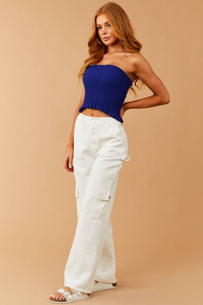 Washed Ivory Wide Leg Denim Cargo Pants