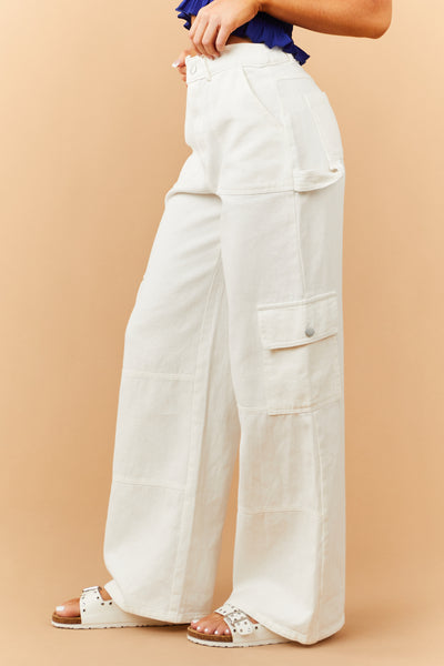 Washed Ivory Wide Leg Denim Cargo Pants