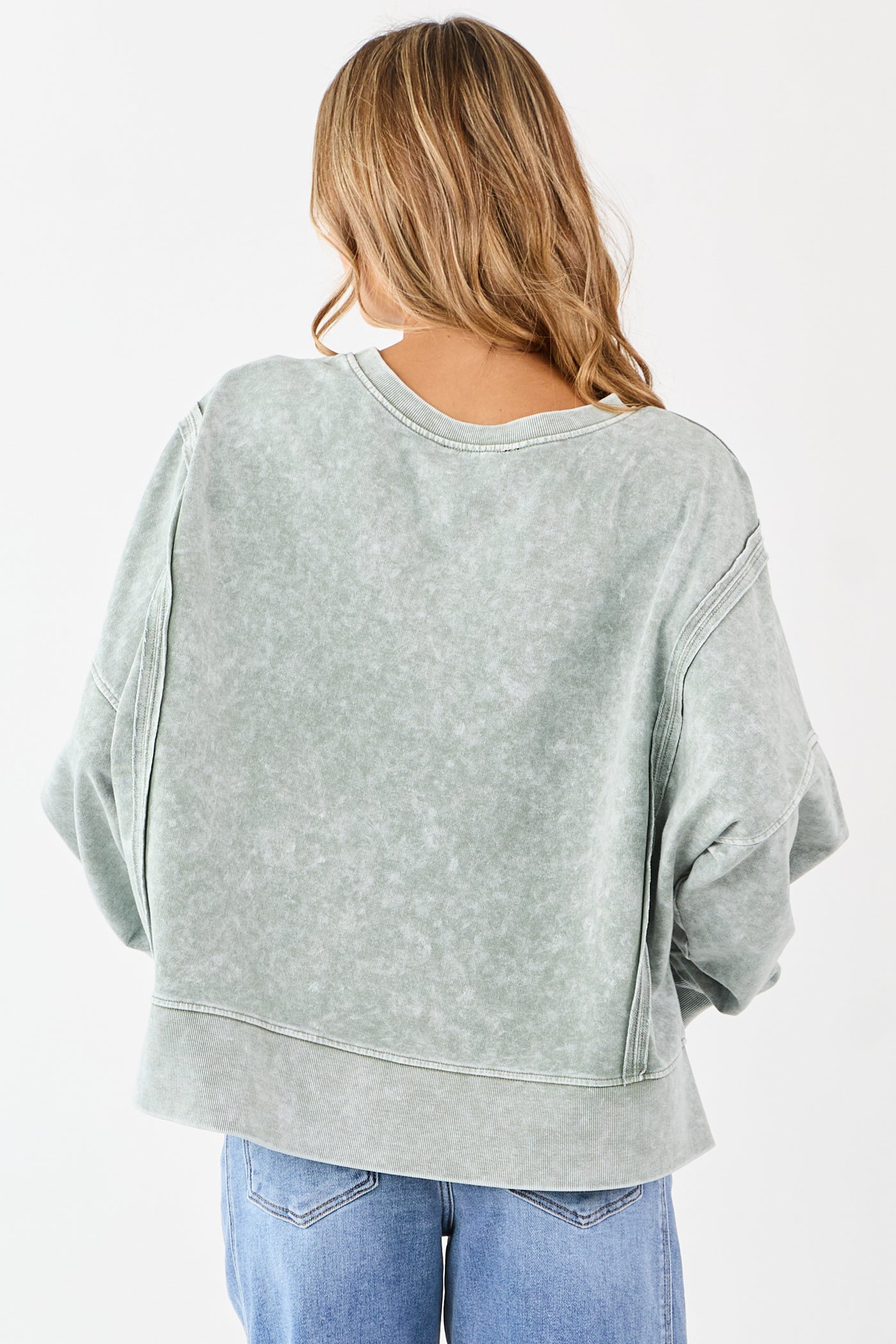 Washed Juniper Exposed Seam Long Sleeve Knit Top