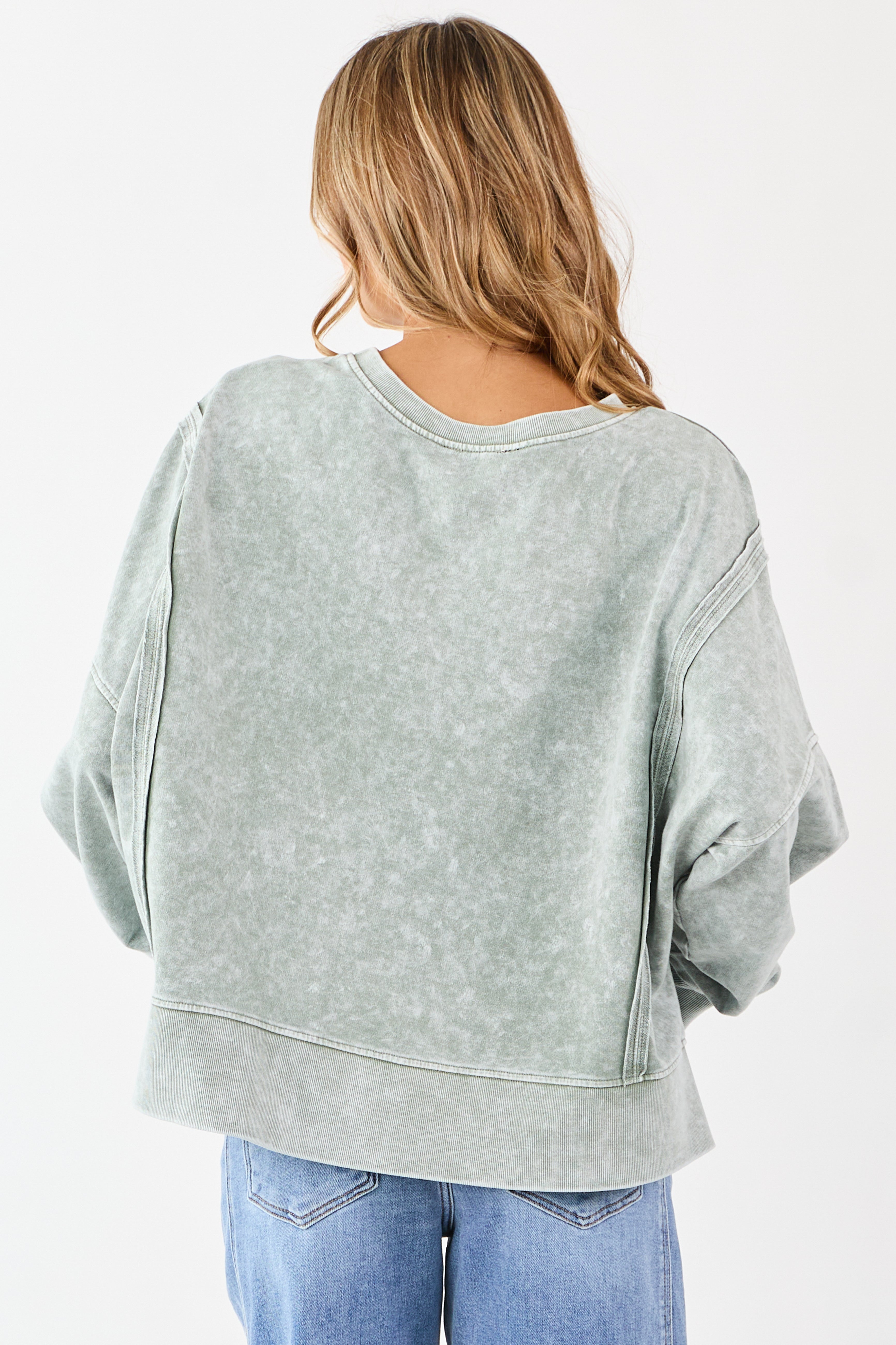 Washed Juniper Exposed Seam Long Sleeve Knit Top