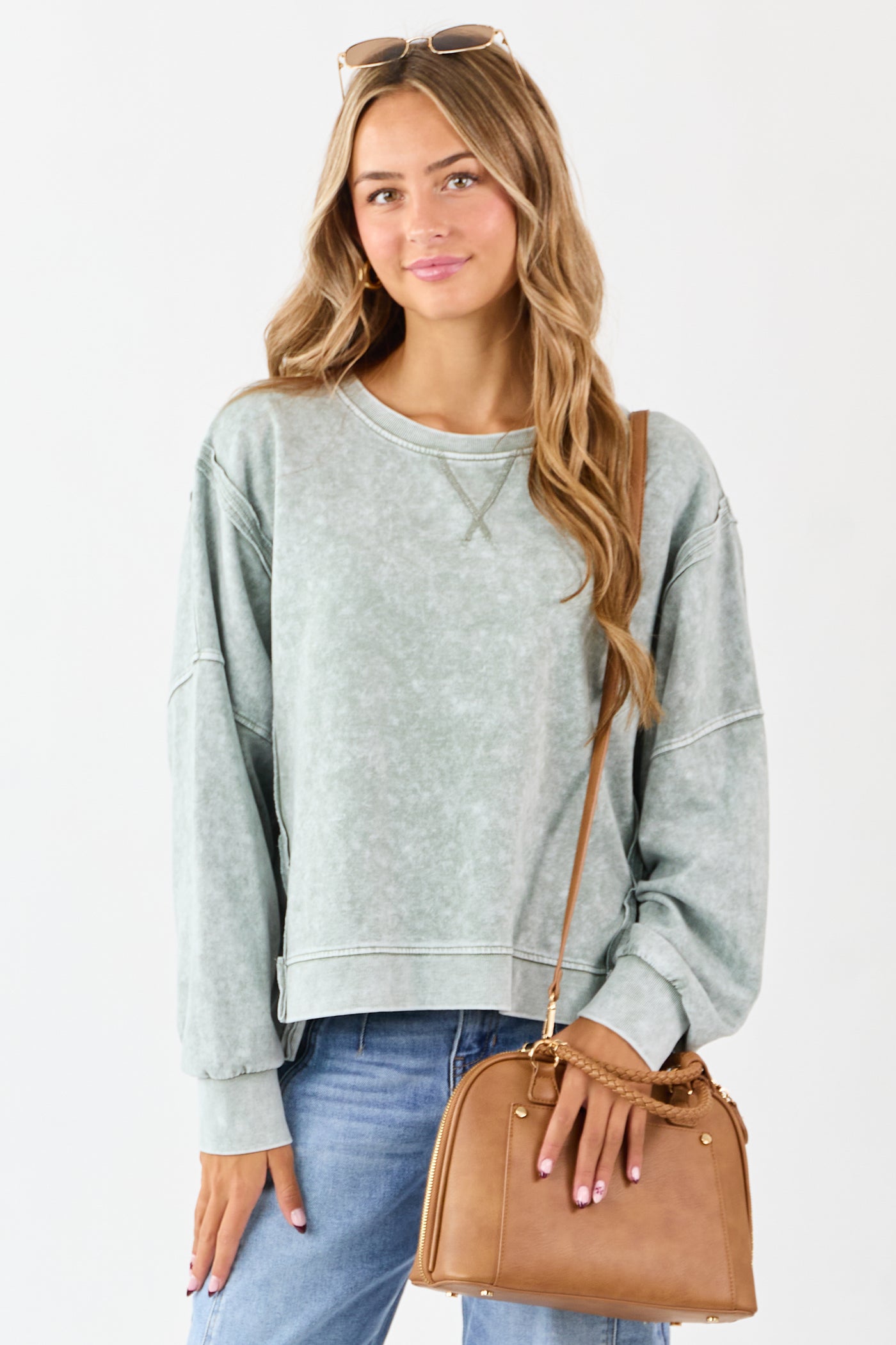 Washed Juniper Exposed Seam Long Sleeve Knit Top
