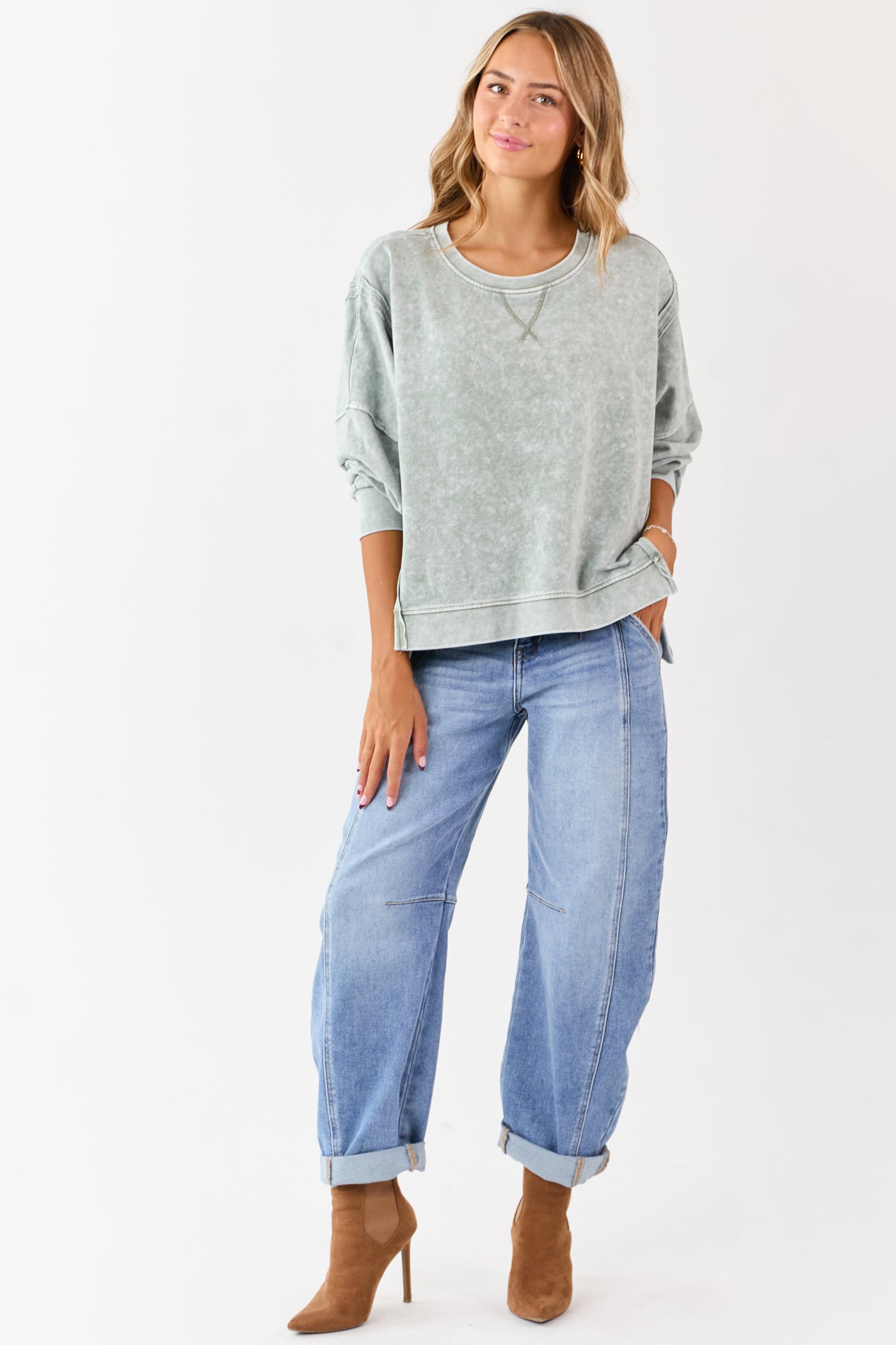 Washed Juniper Exposed Seam Long Sleeve Knit Top