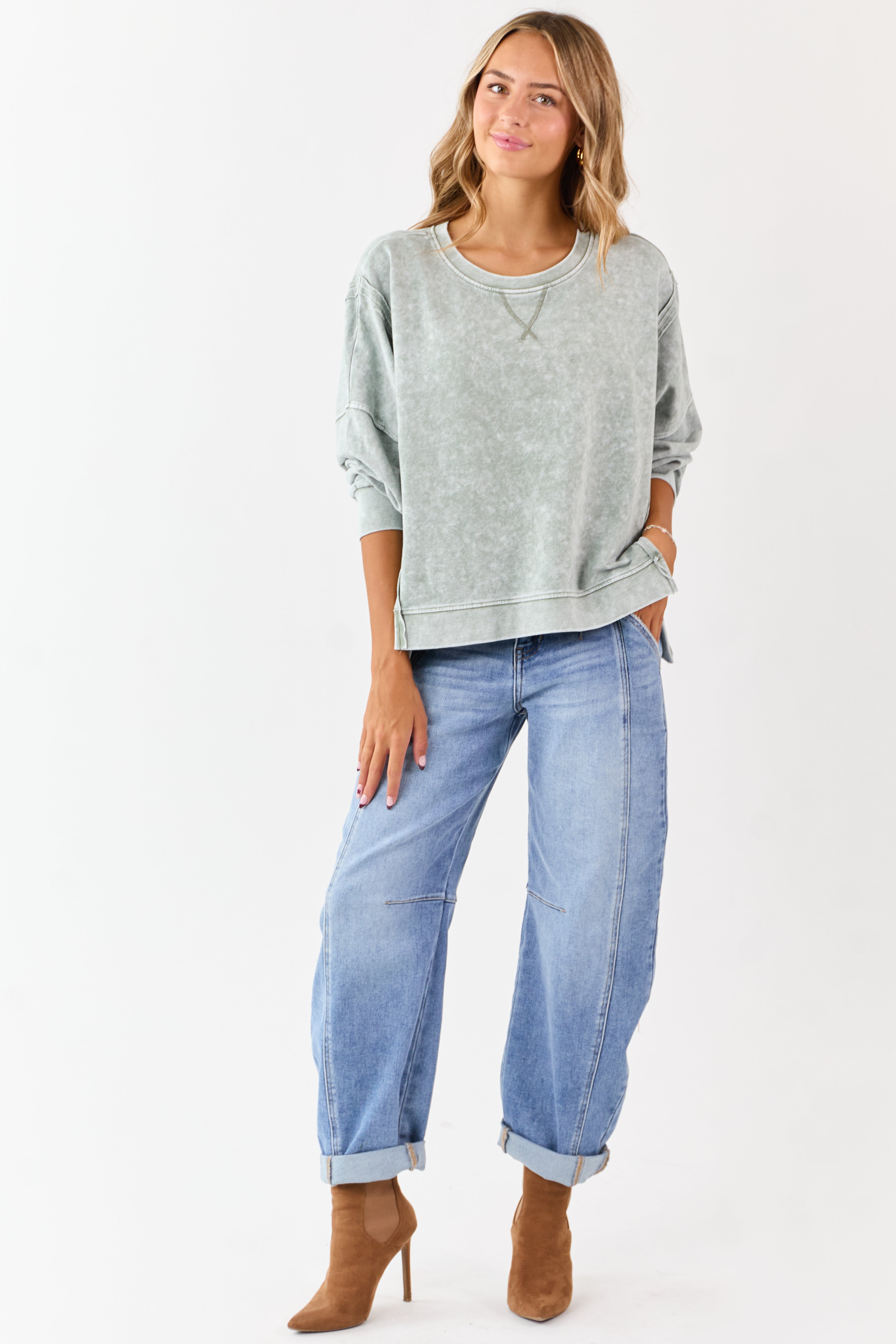 Washed Juniper Exposed Seam Long Sleeve Knit Top
