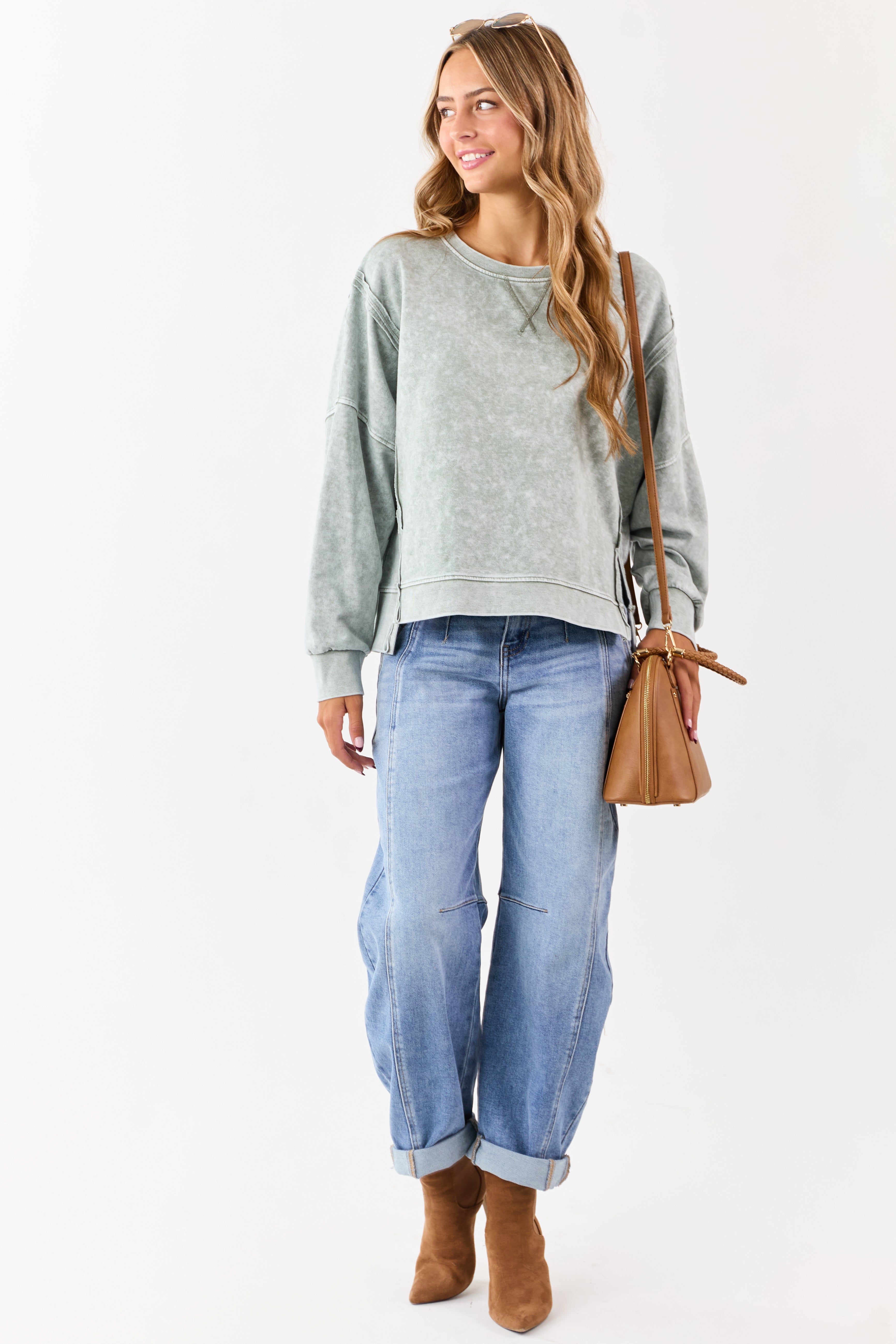 Washed Juniper Exposed Seam Long Sleeve Knit Top