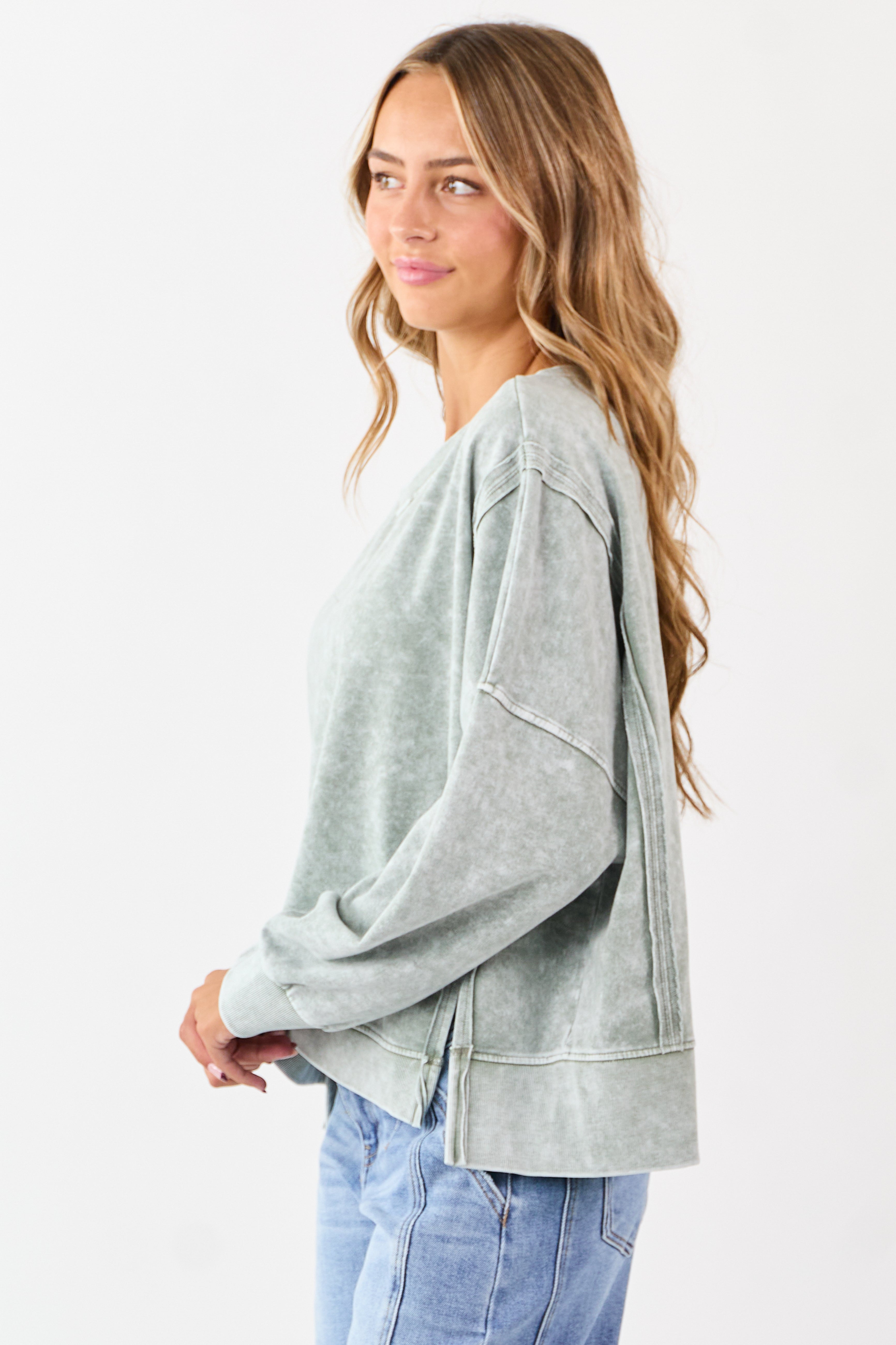 Washed Juniper Exposed Seam Long Sleeve Knit Top