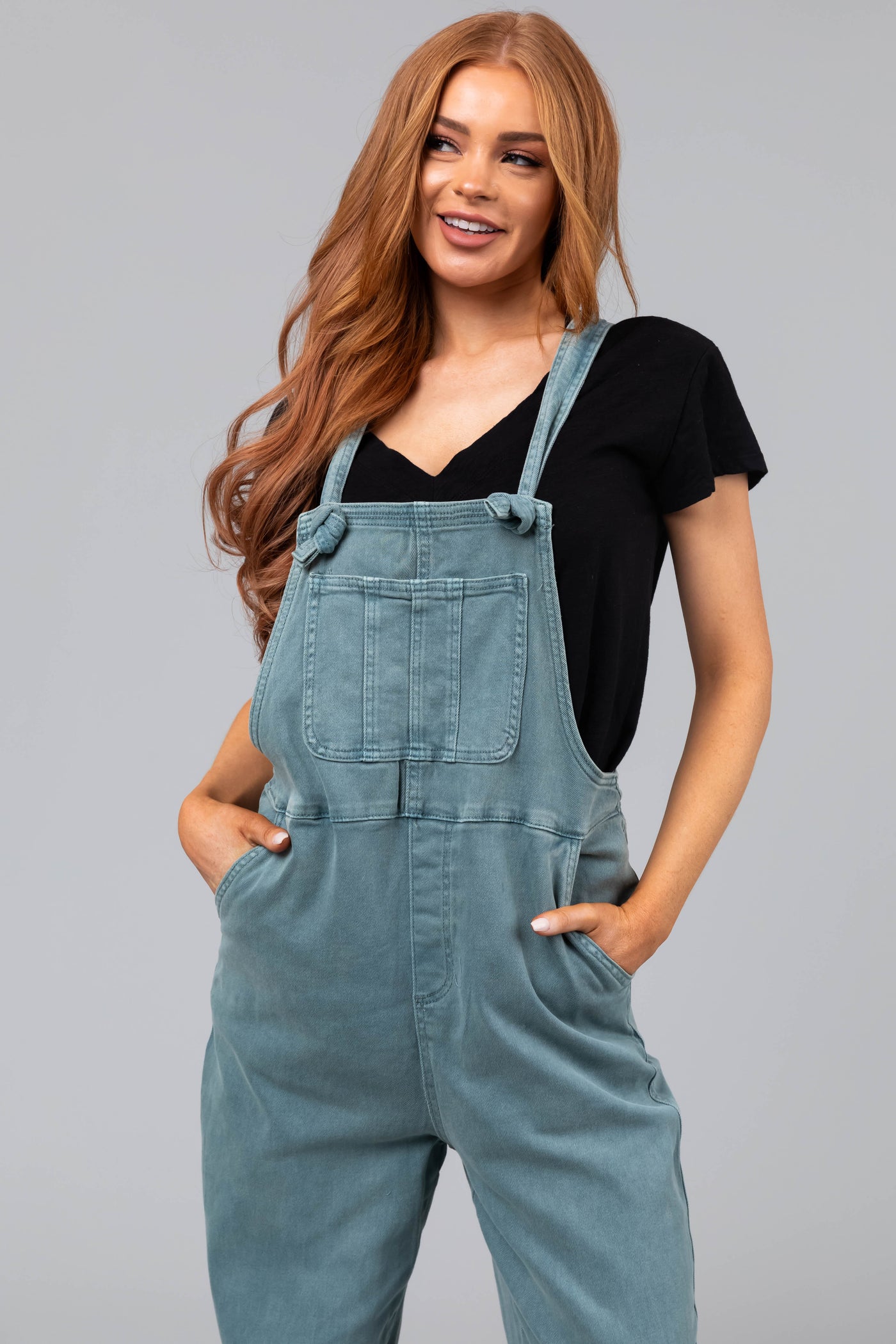 Washed Juniper Knot Strap Denim Overalls Lime Lush