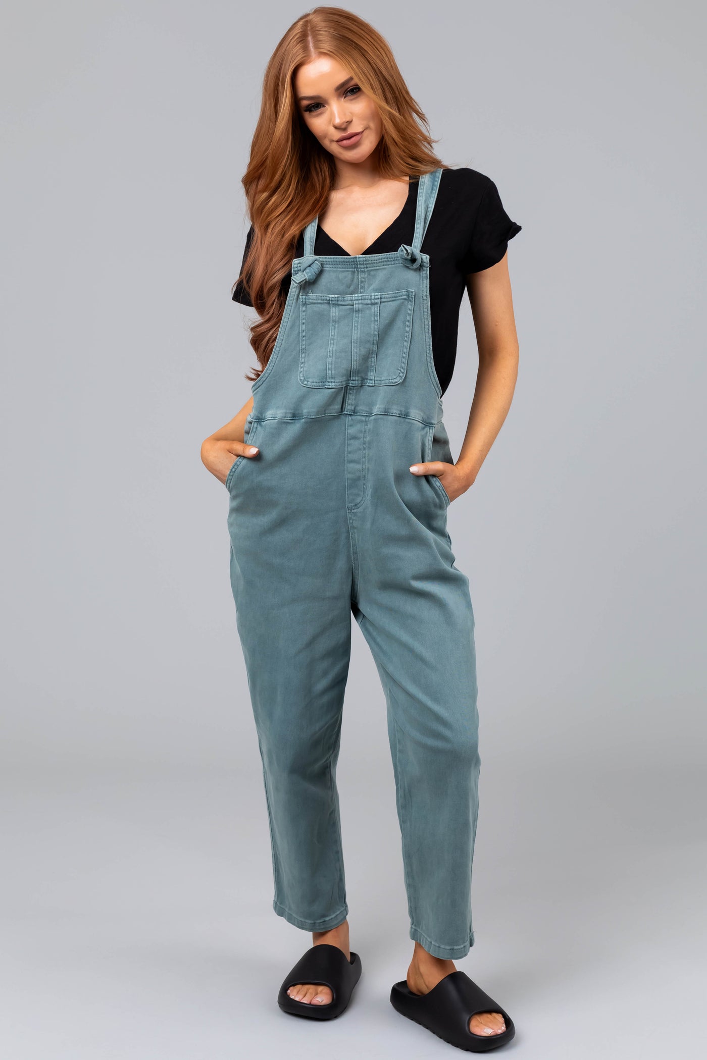 Washed Juniper Knot Strap Denim Overalls Lime Lush