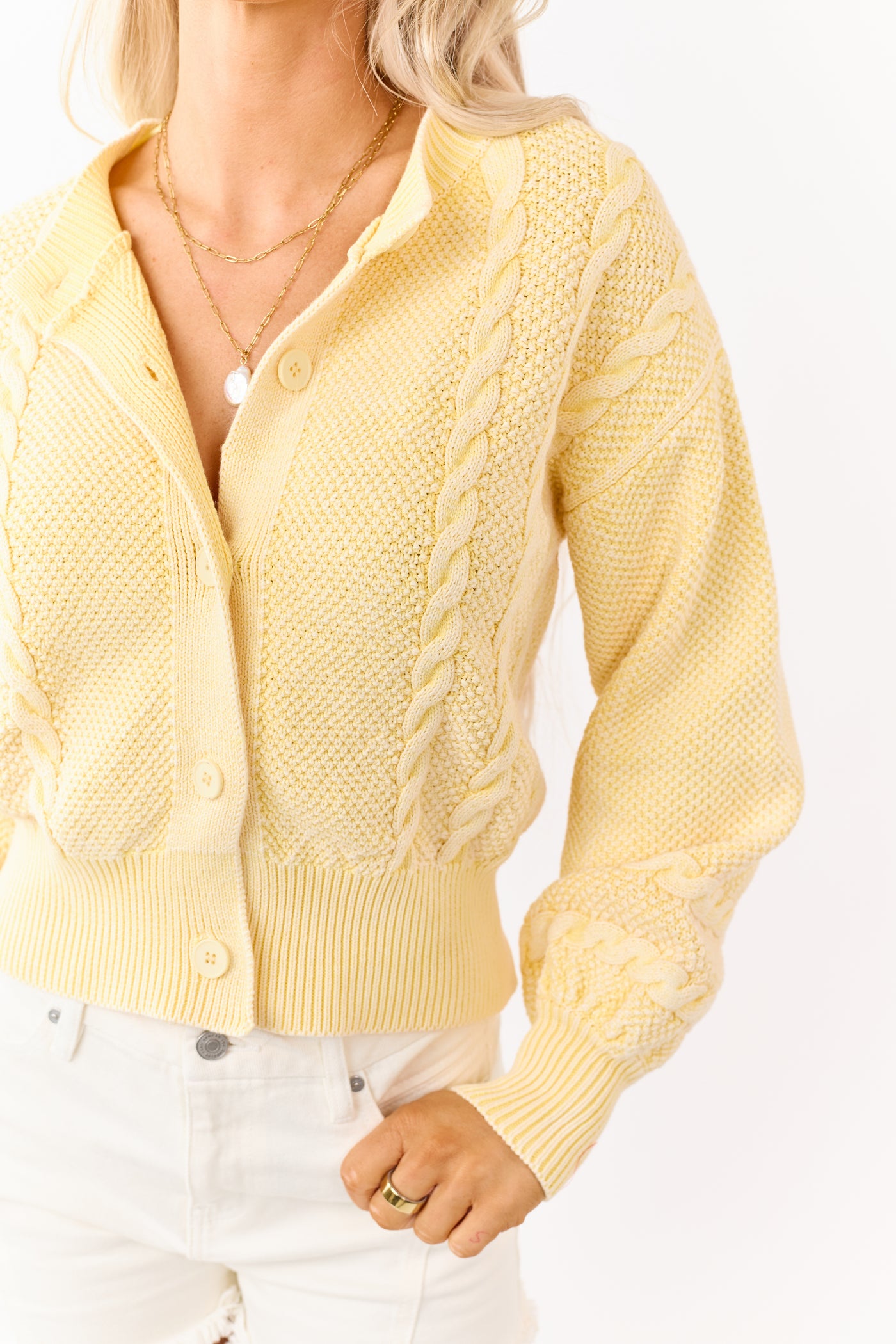 Washed Lemon Cotton Cable Knit Cardigan