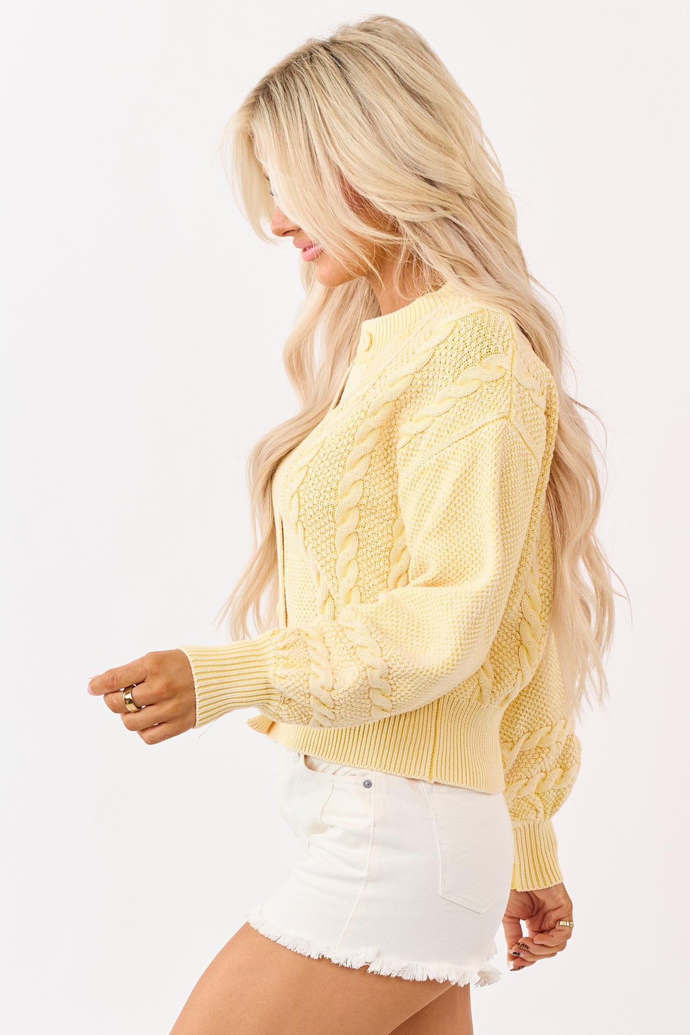 Washed Lemon Cotton Cable Knit Cardigan