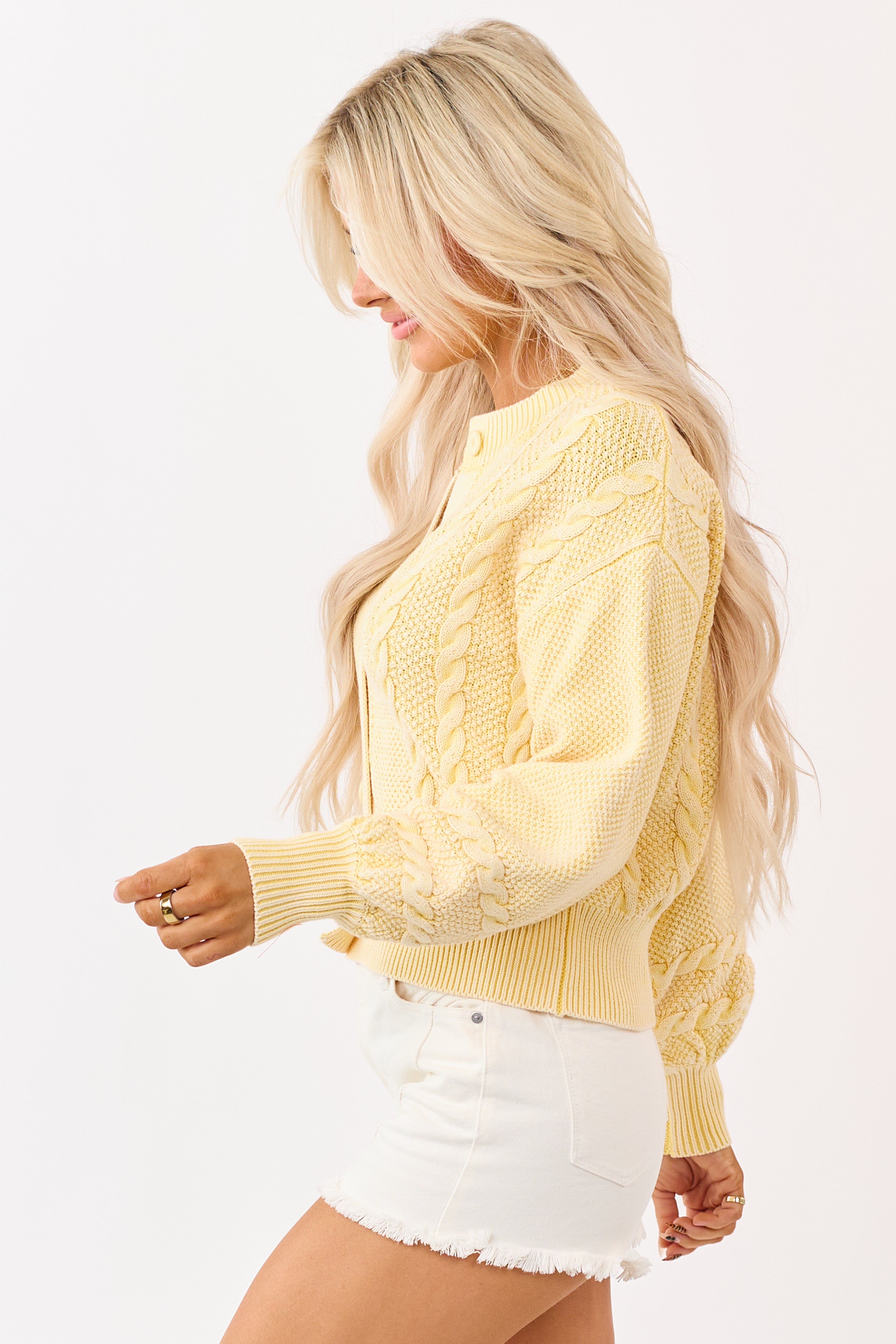 Washed Lemon Cotton Cable Knit Cardigan