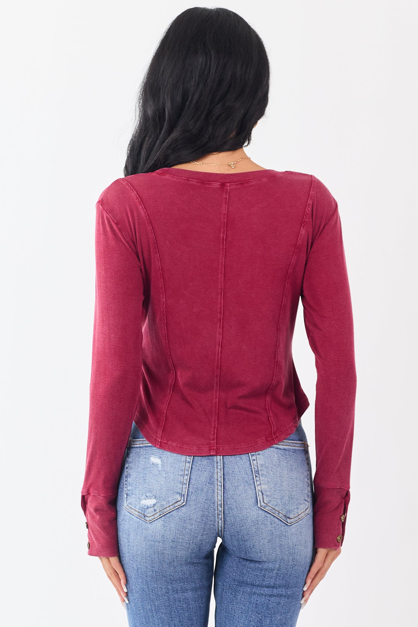 Washed Maroon Ribbed Knit Long Sleeve Top