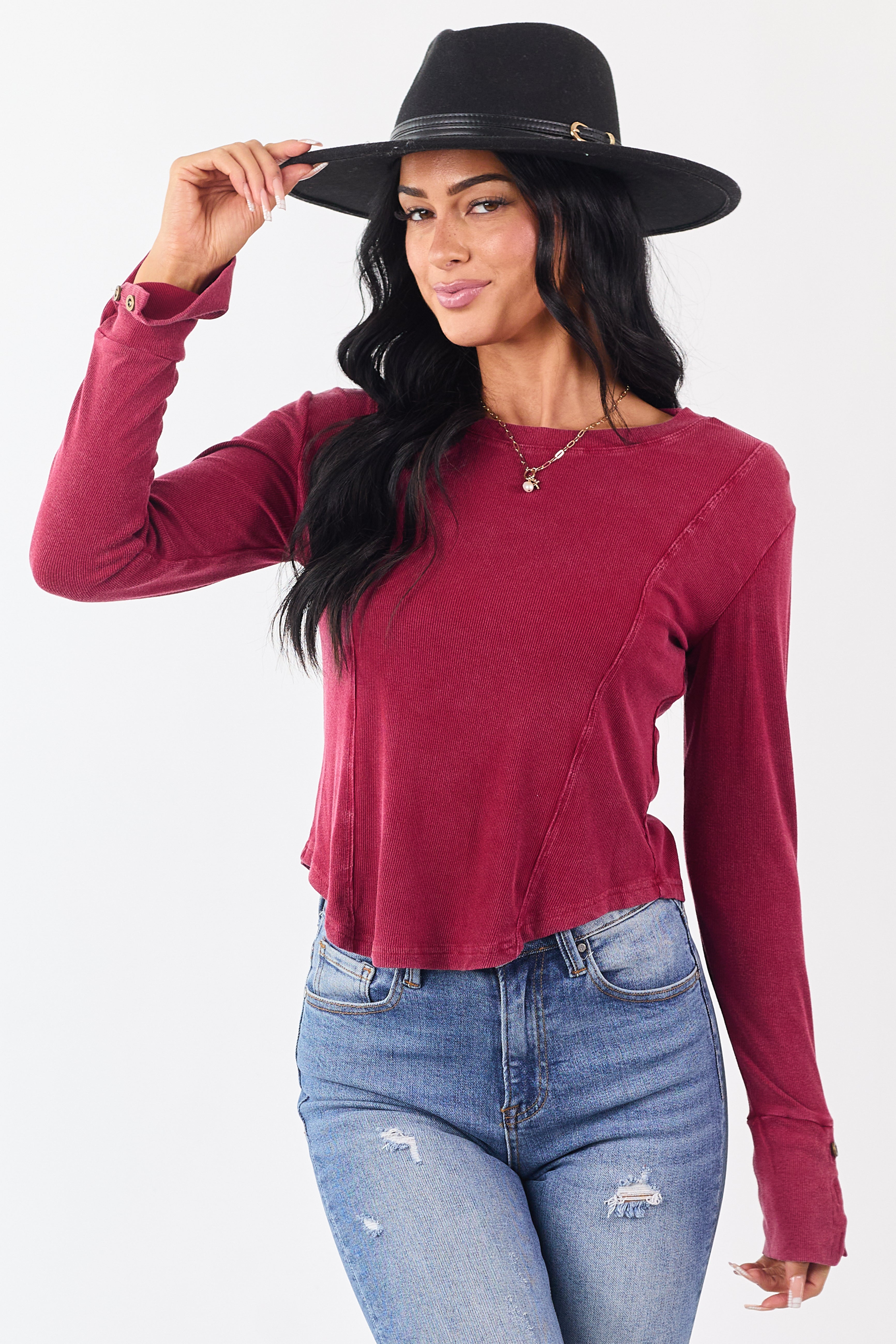 Washed Maroon Ribbed Knit Long Sleeve Top