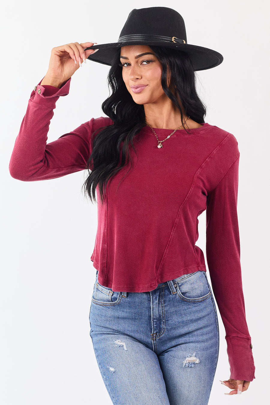 Washed Maroon Ribbed Knit Long Sleeve Top