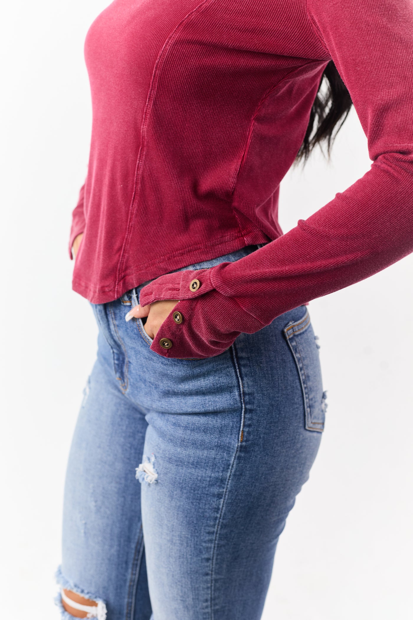 Washed Maroon Ribbed Knit Long Sleeve Top