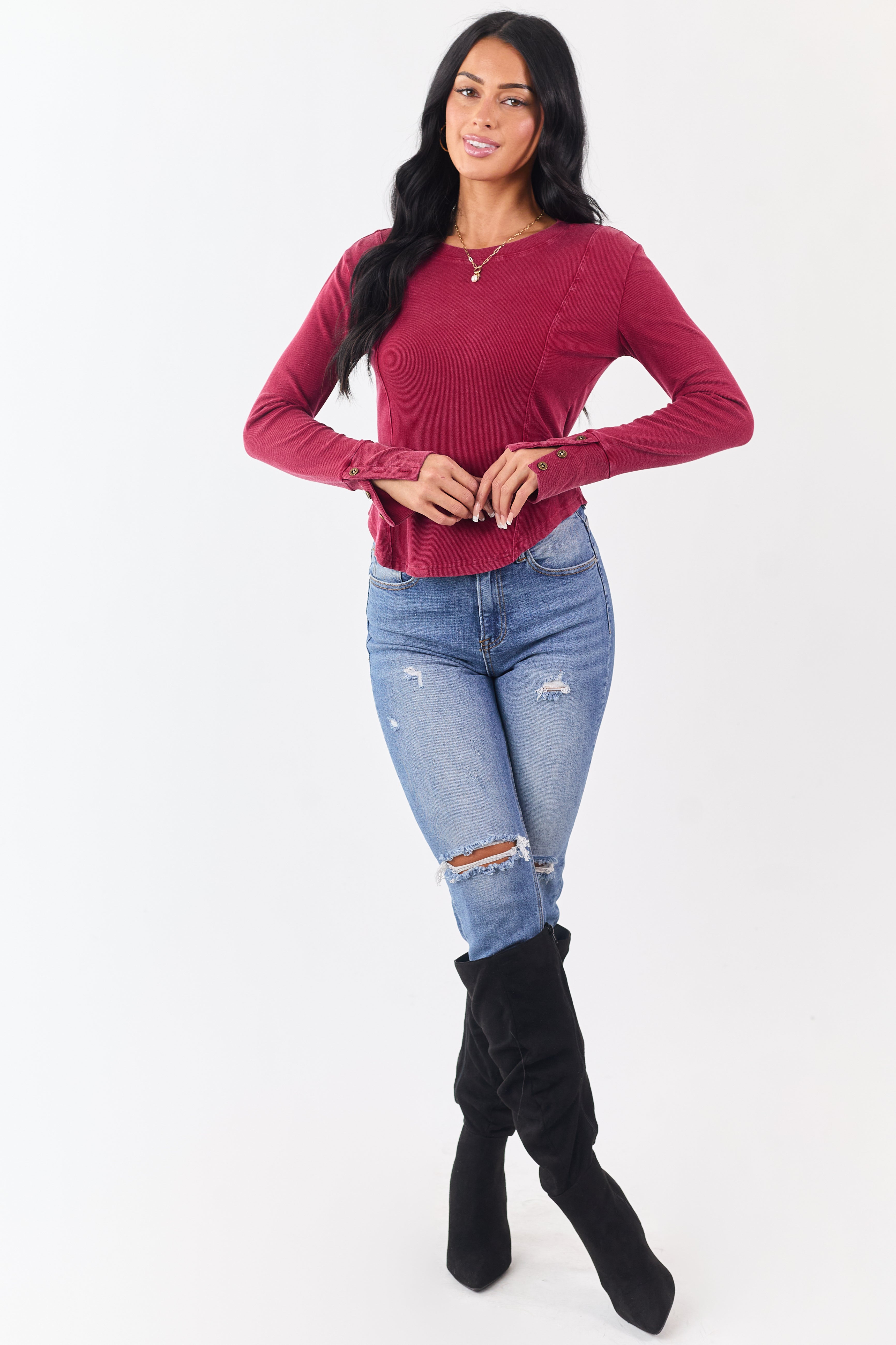 Washed Maroon Ribbed Knit Long Sleeve Top