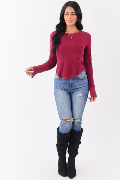 Washed Maroon Ribbed Knit Long Sleeve Top