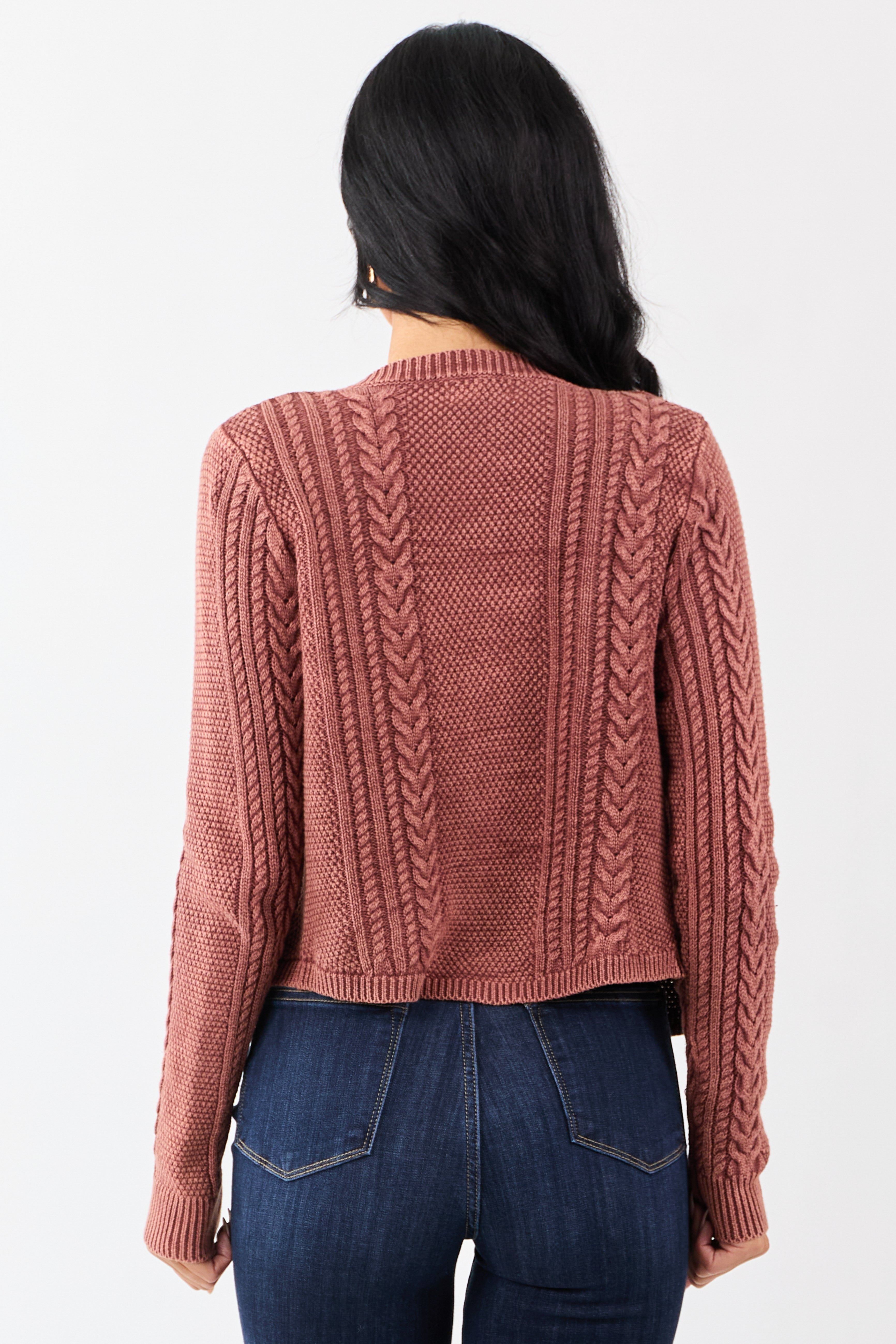 Washed Marsala Cable Knit Cotton Sweater Cardigan