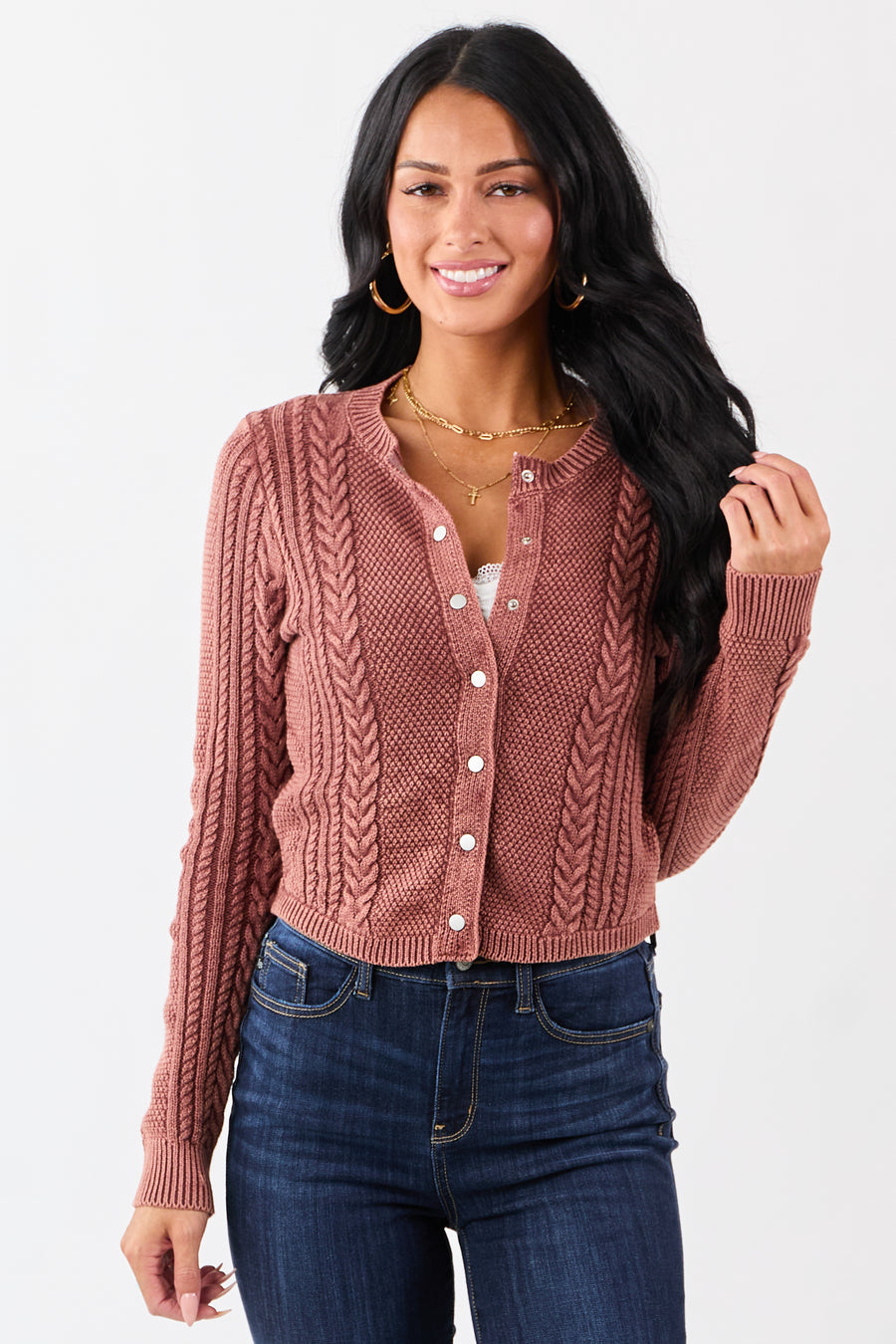 Washed Marsala Cable Knit Cotton Sweater Cardigan