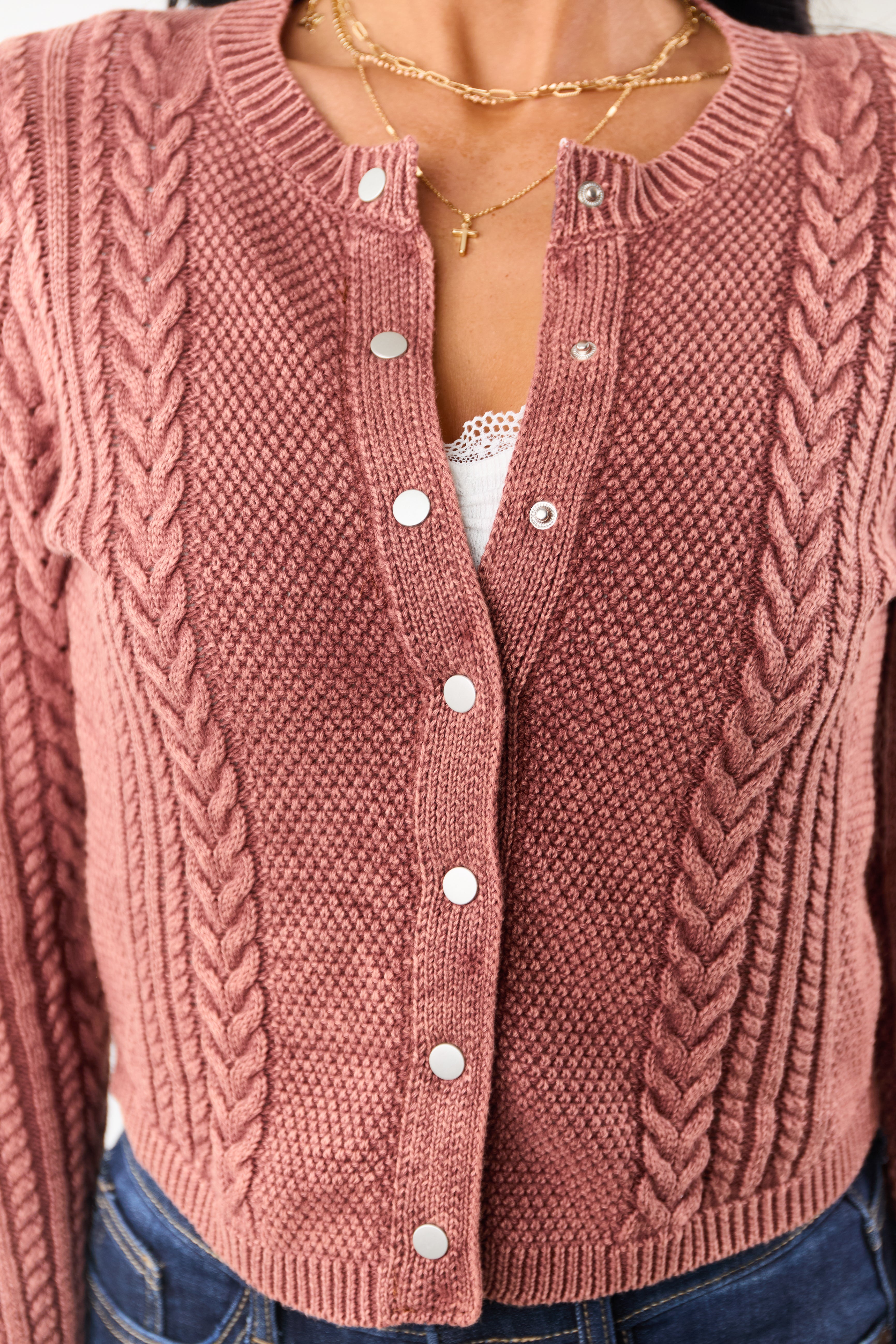 Washed Marsala Cable Knit Cotton Sweater Cardigan