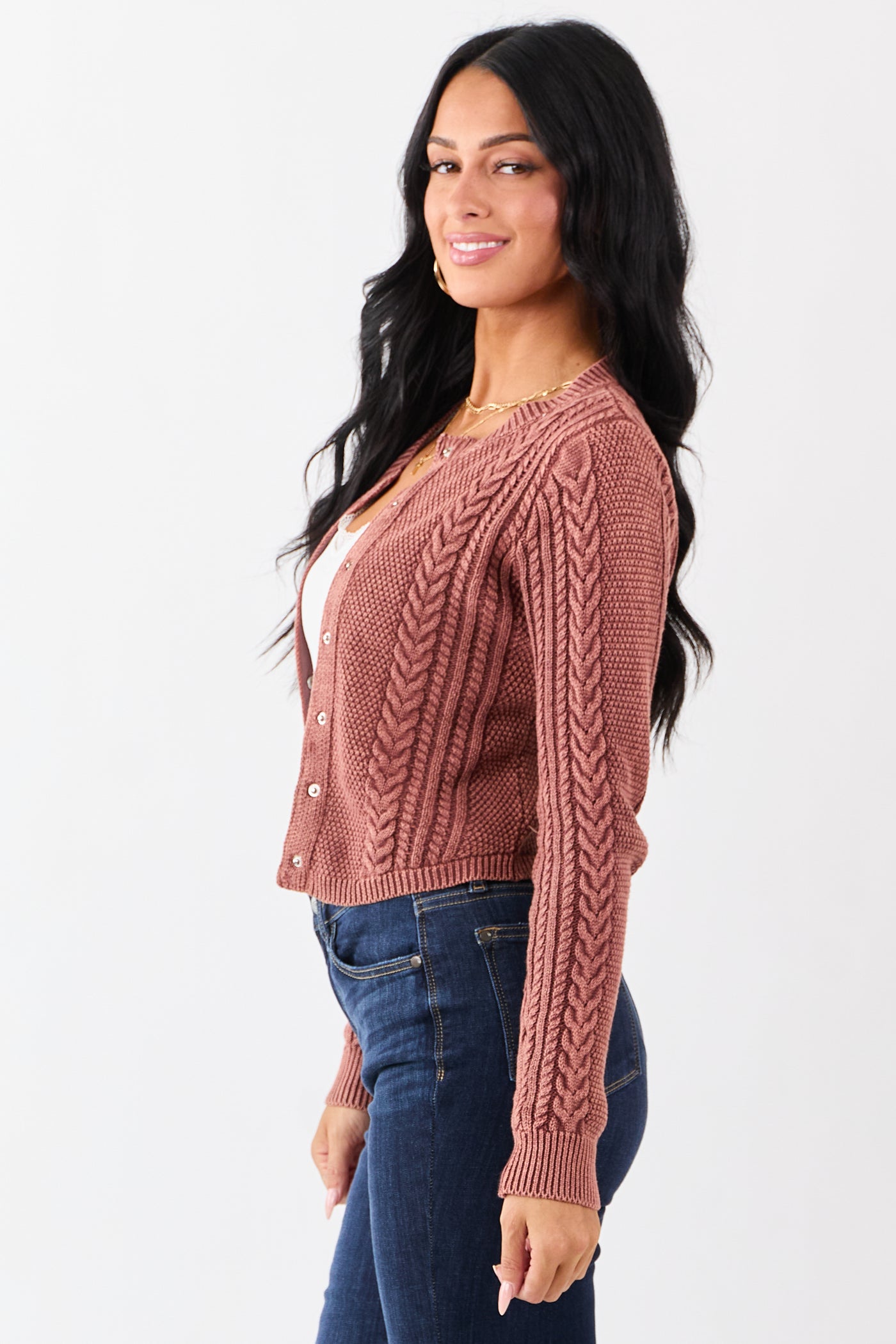 Washed Marsala Cable Knit Cotton Sweater Cardigan