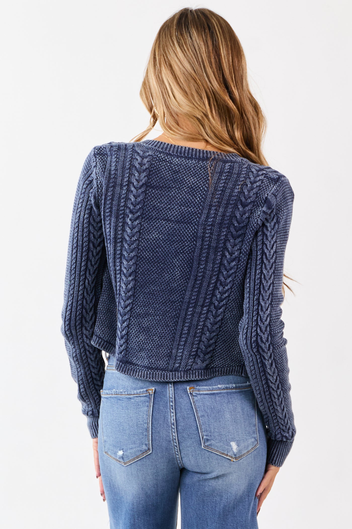 Washed Navy Cable Knit Cotton Sweater Cardigan