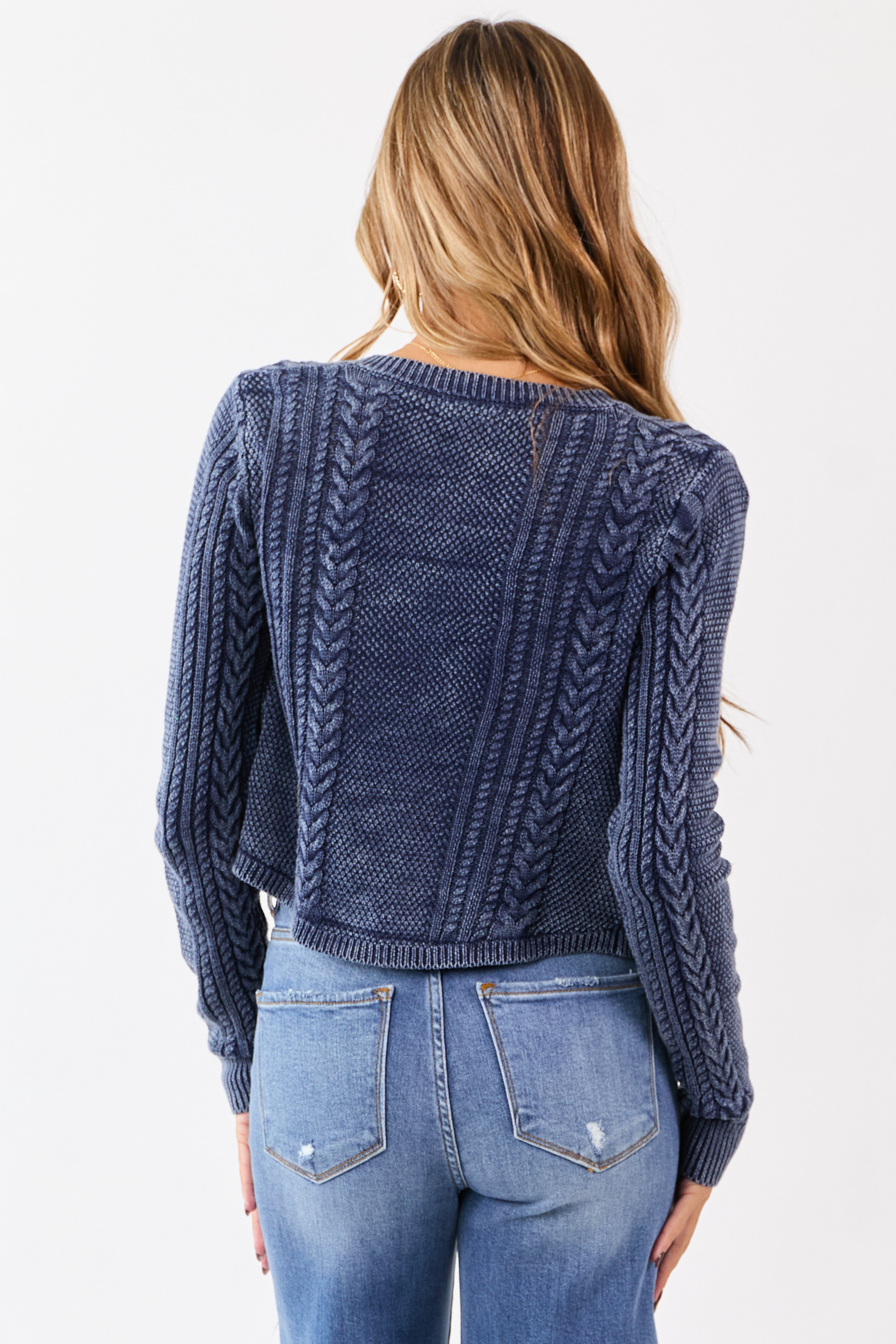 Washed Navy Cable Knit Cotton Sweater Cardigan