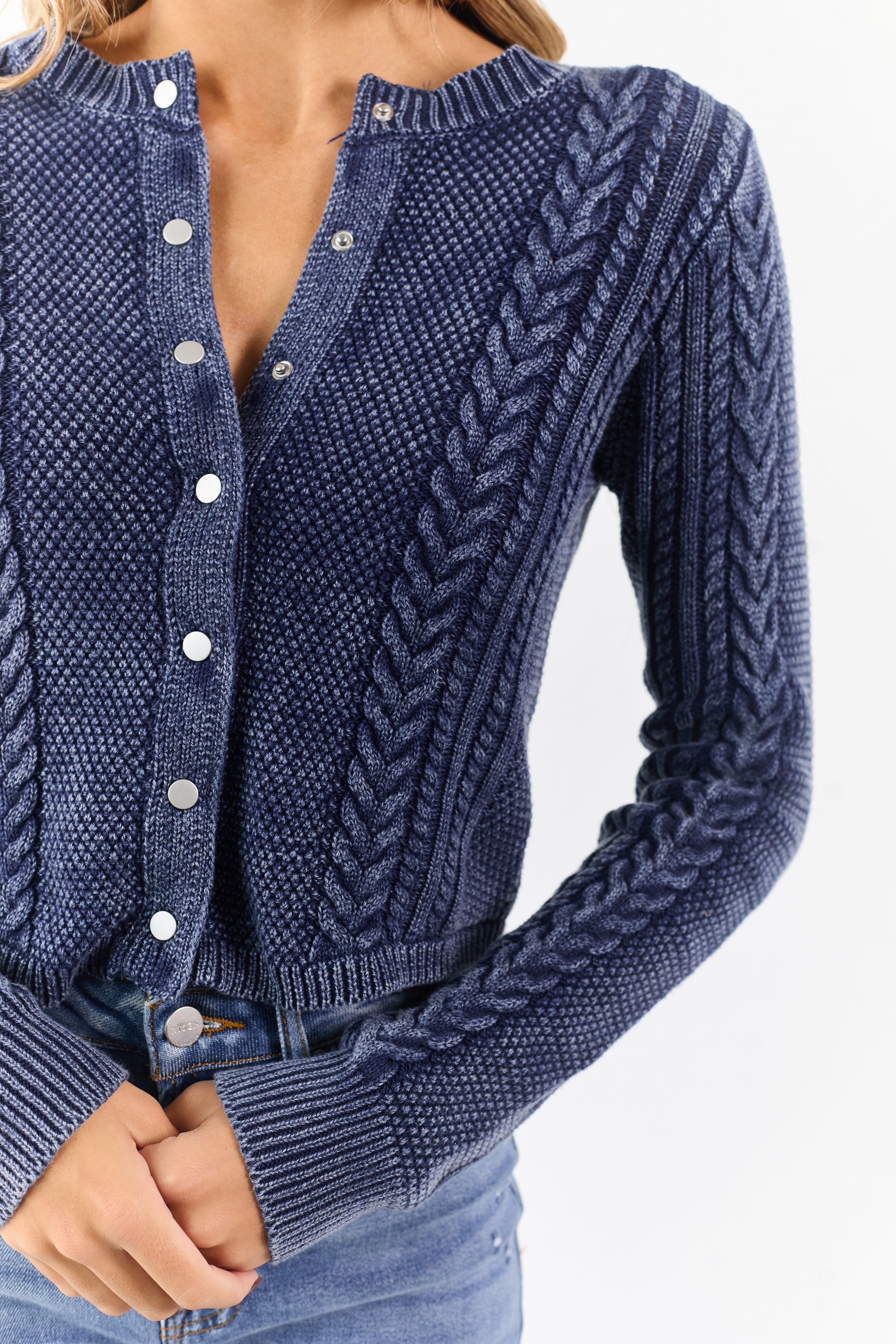 Washed Navy Cable Knit Cotton Sweater Cardigan | Lime Lush Boutique