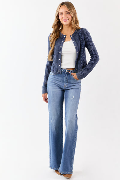 Washed Navy Cable Knit Cotton Sweater Cardigan