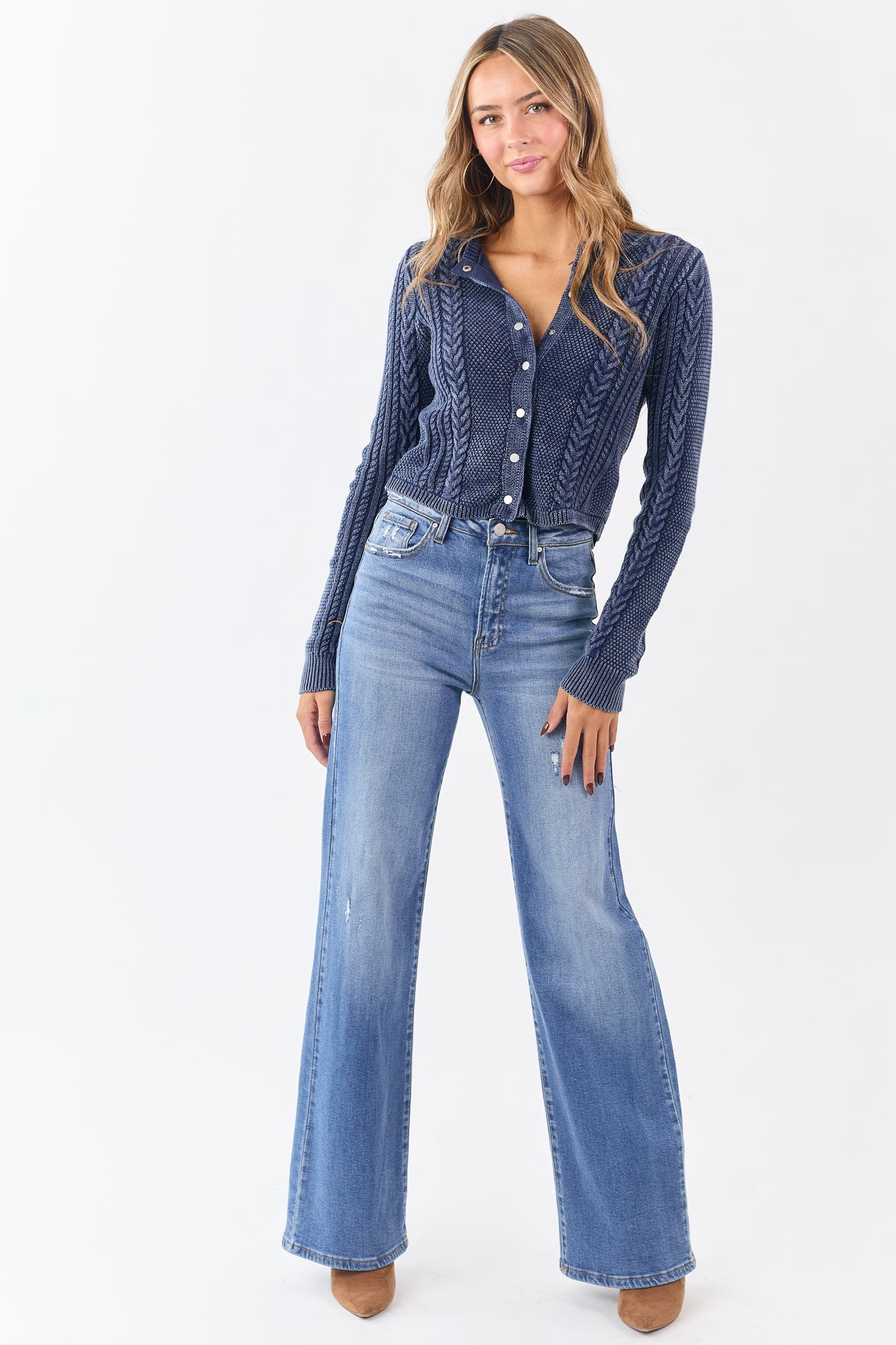 Washed Navy Cable Knit Cotton Sweater Cardigan