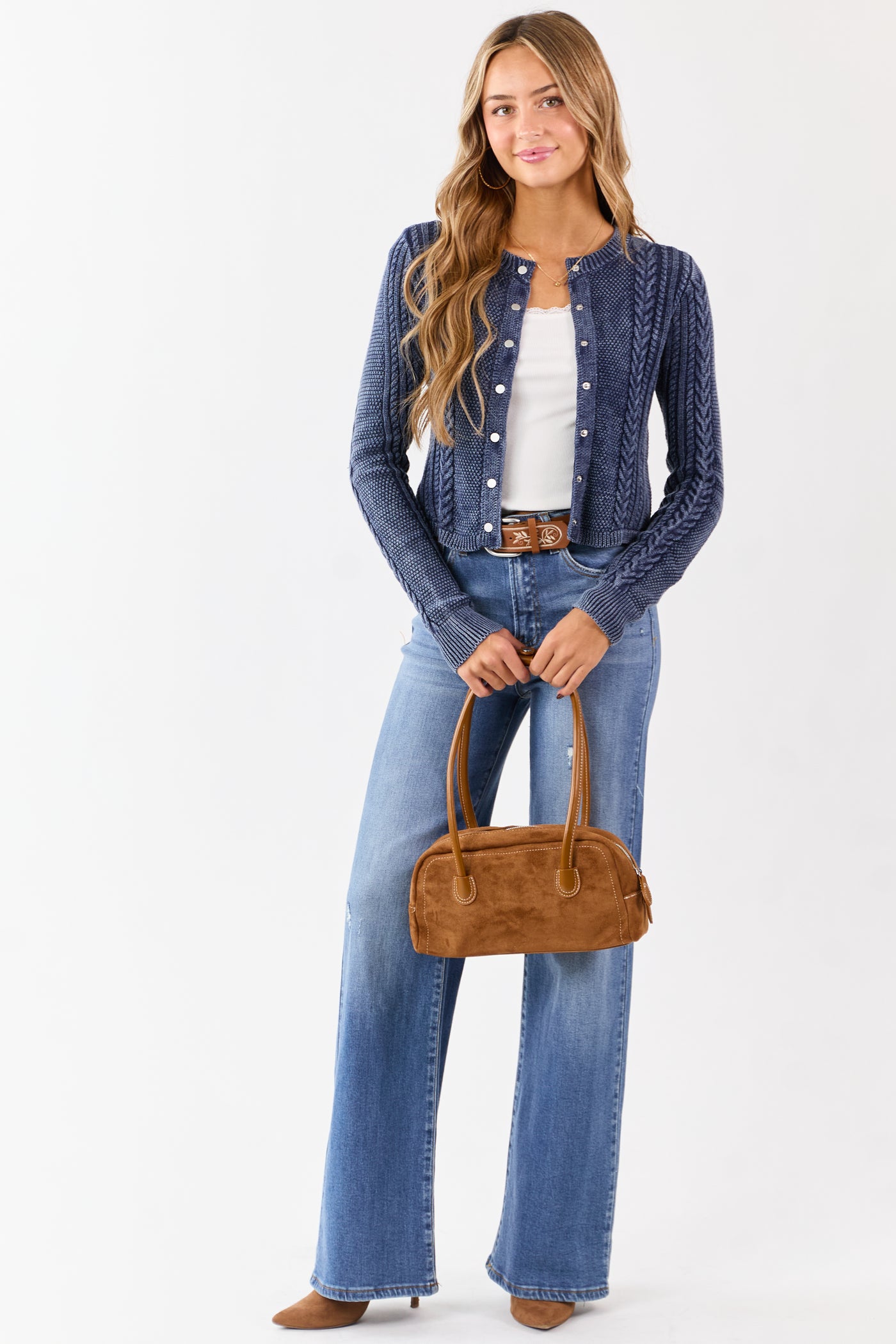 Washed Navy Cable Knit Cotton Sweater Cardigan