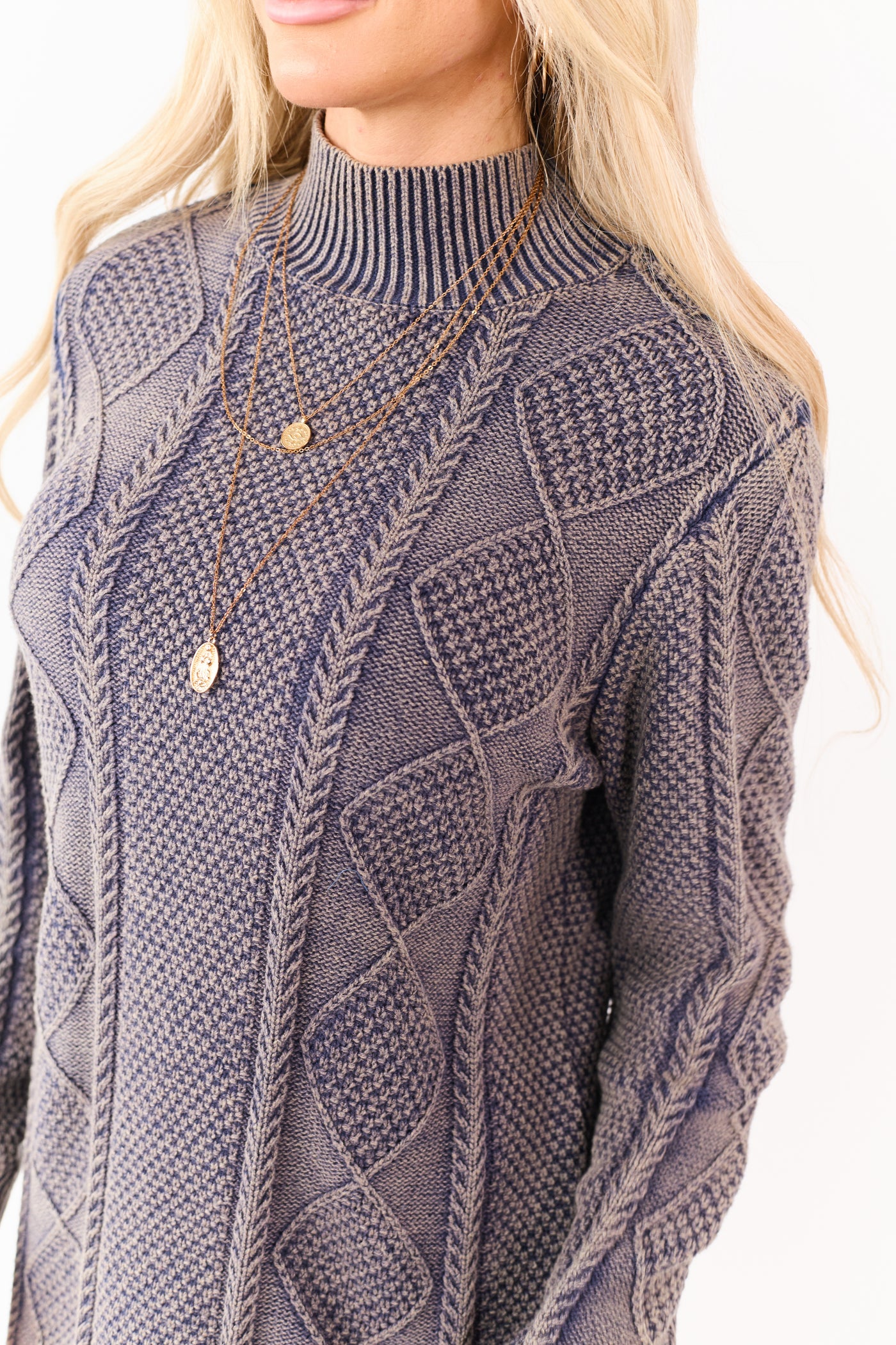 Washed Navy Cable Knit Mock Neck Mini Sweater Dress