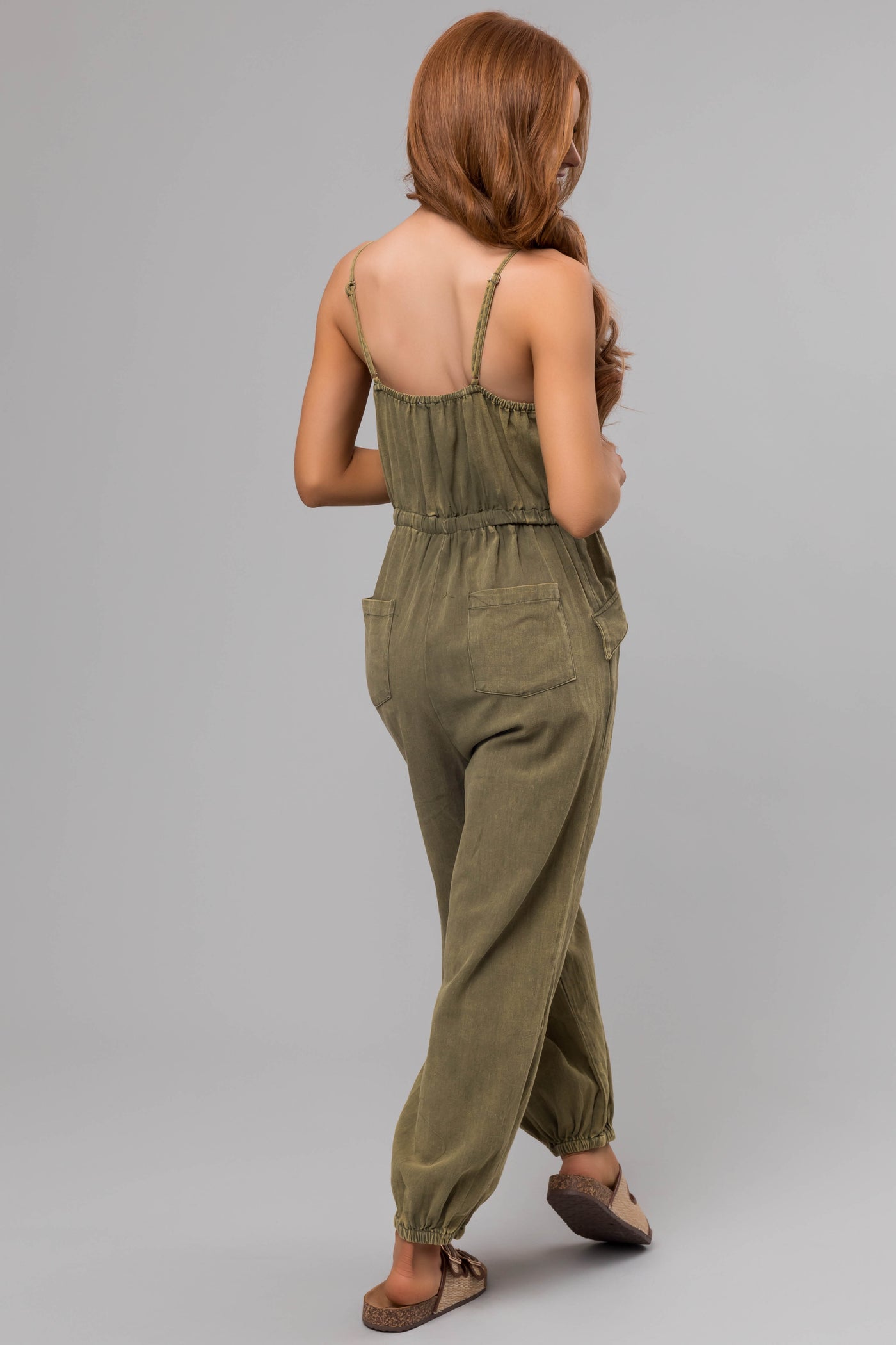 Washed Olive Drawstring Sleeveless Jumpsuit