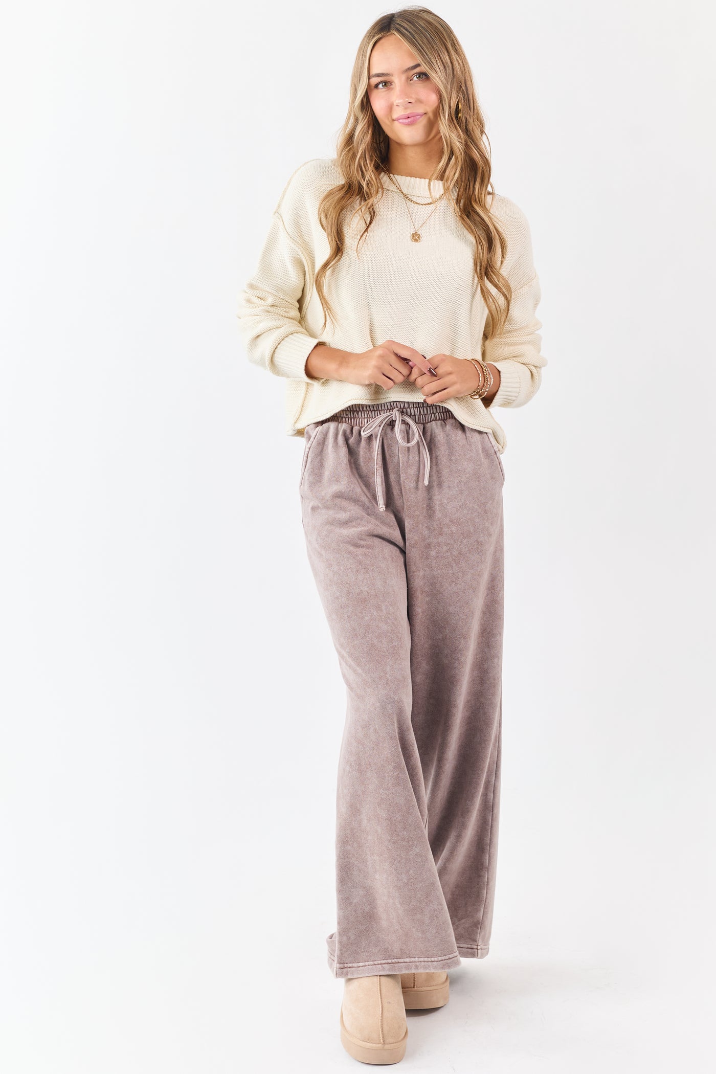 Washed Rose Taupe Wide Leg Sweatpants