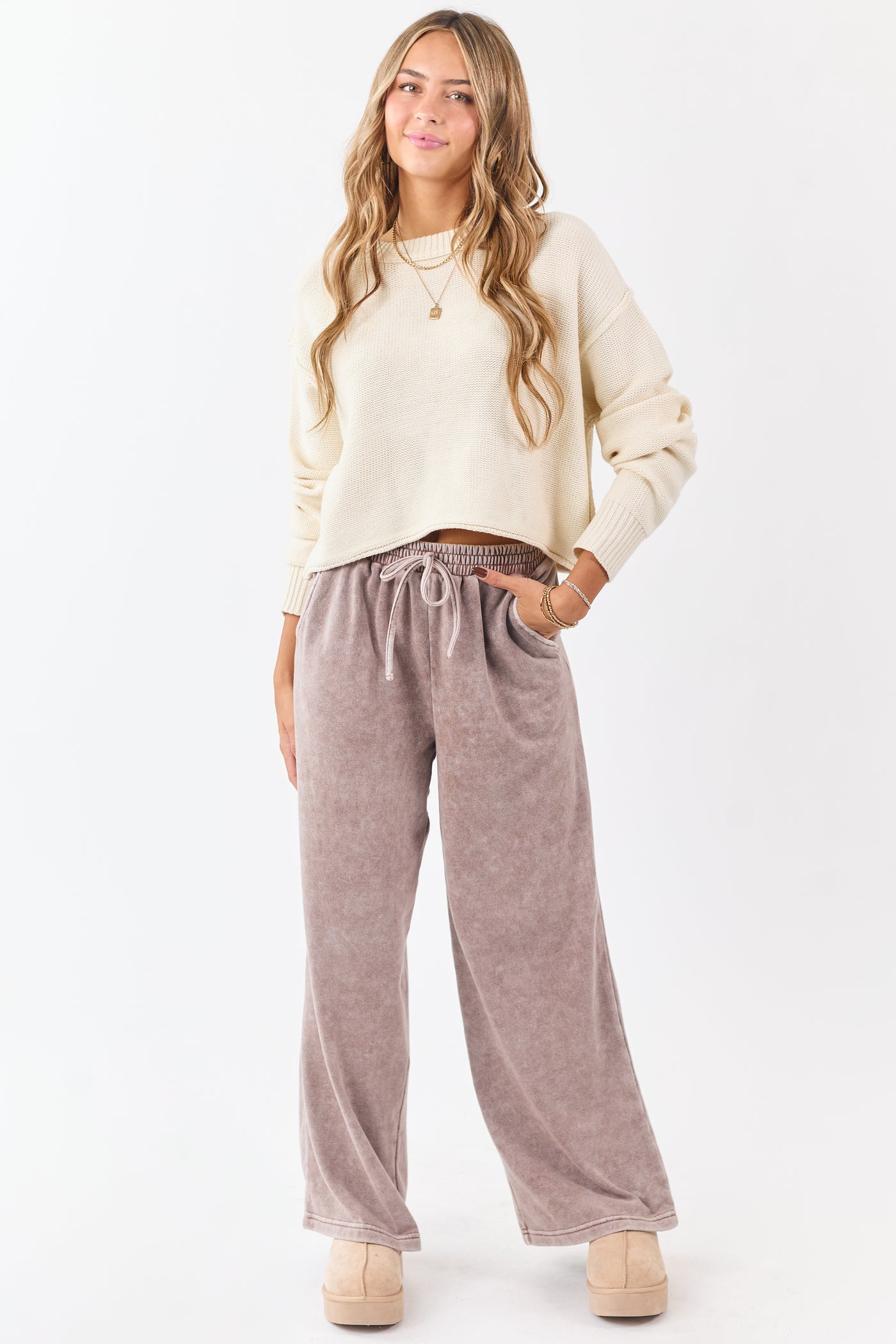 Washed Rose Taupe Wide Leg Sweatpants