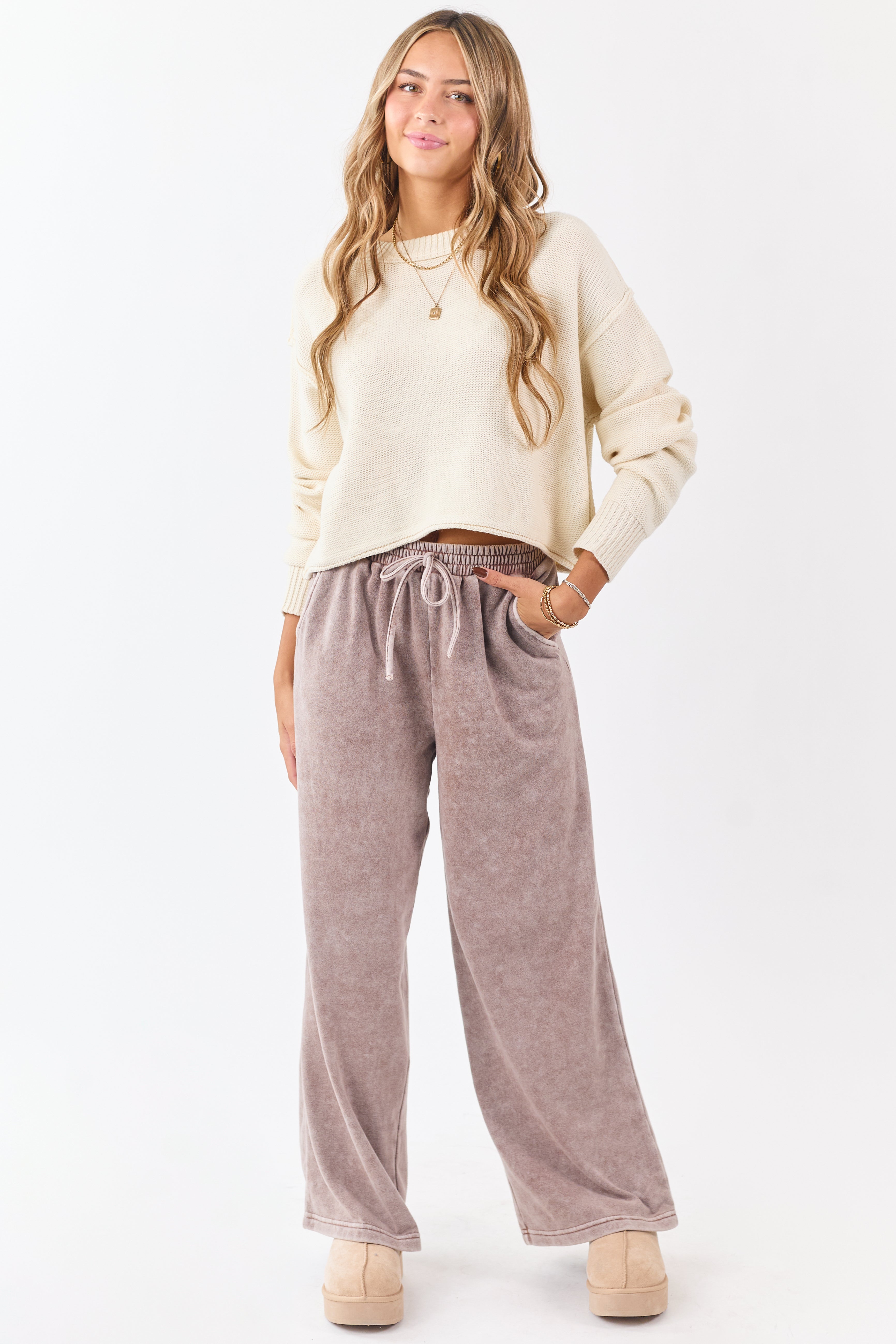 Washed Rose Taupe Wide Leg Sweatpants